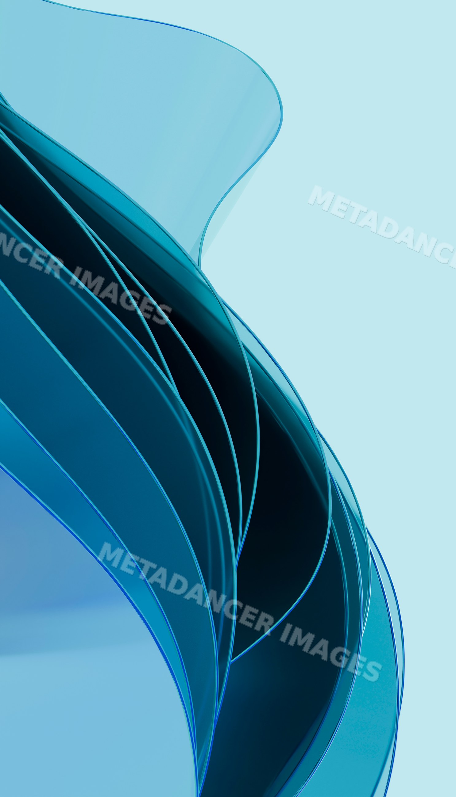 Abstract curved blue glass sculpture with smooth flowing lines
