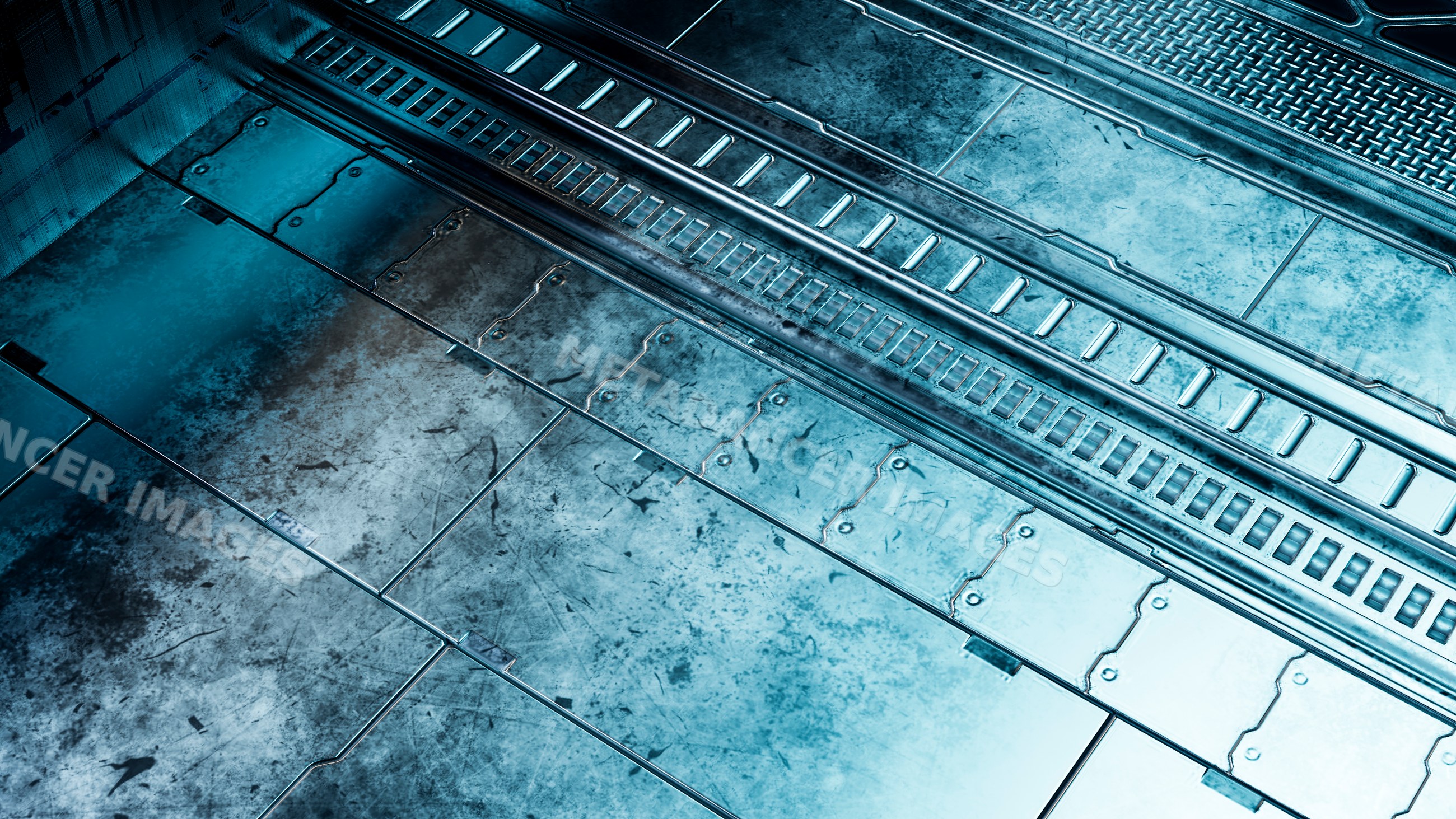 Metal industrial floor with scratched panels and grated sections
