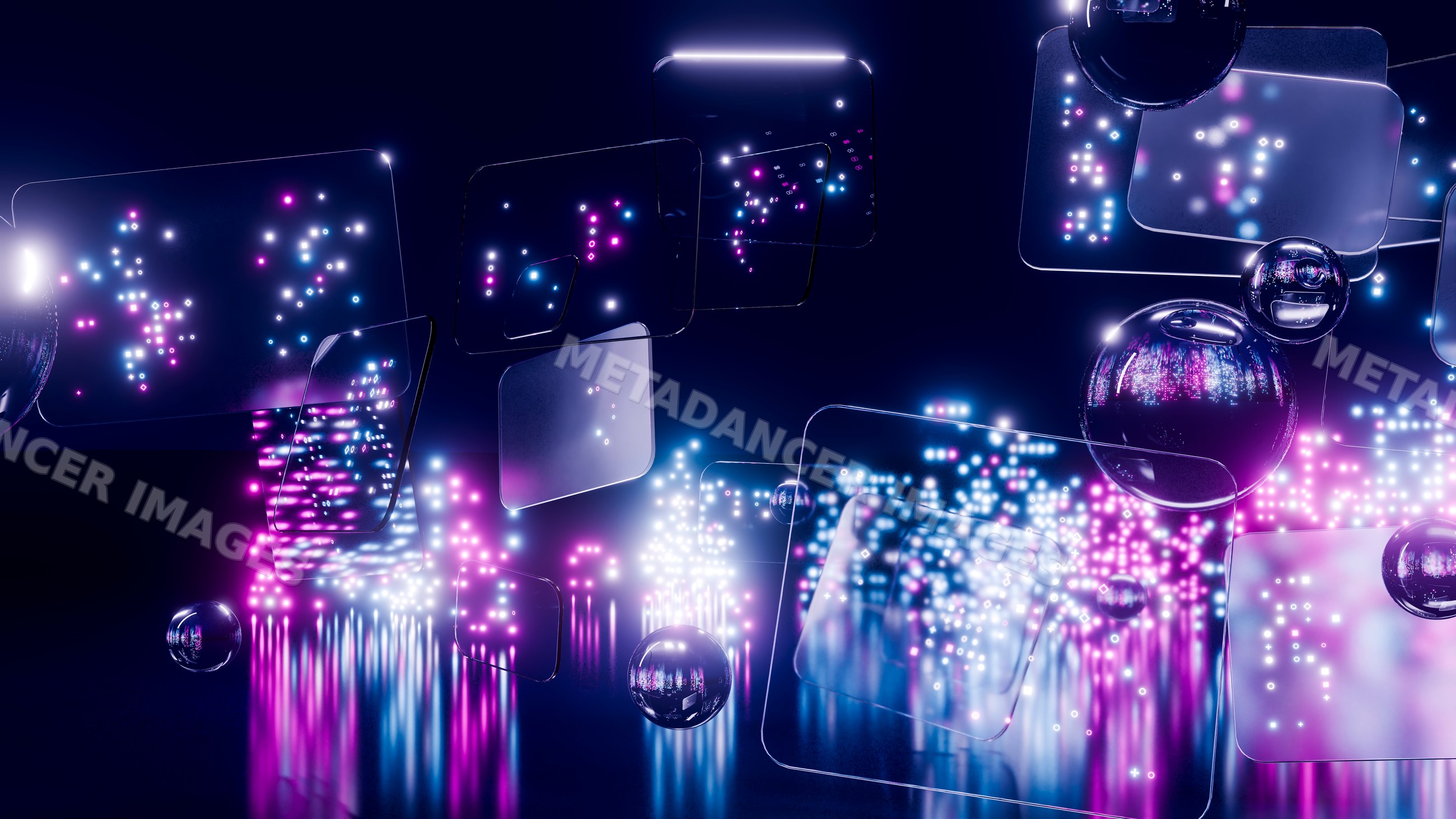 Digital floating glass panels with glowing neon data