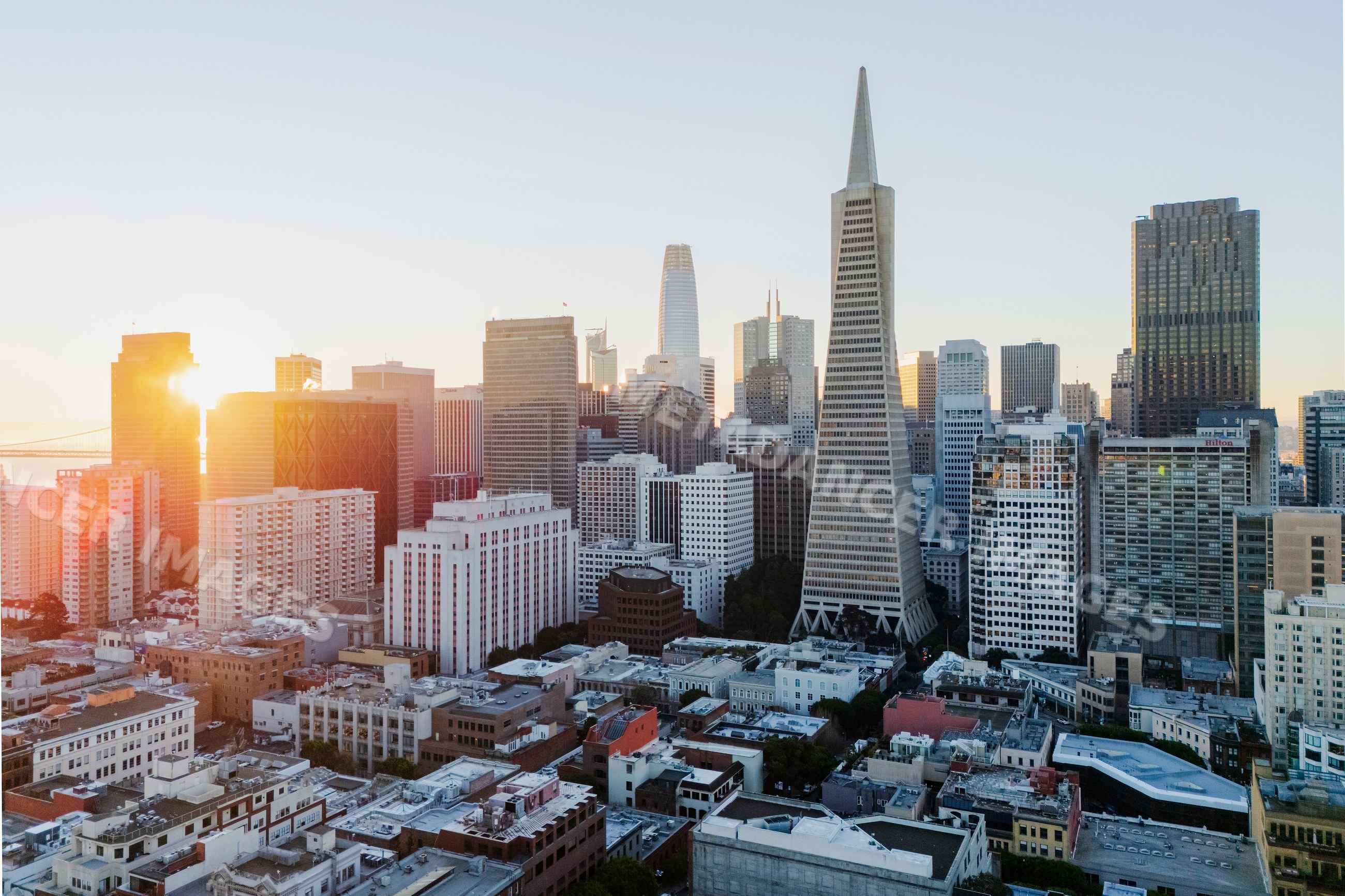 San Francisco skyline at Sunrise with downtown skyscrapers