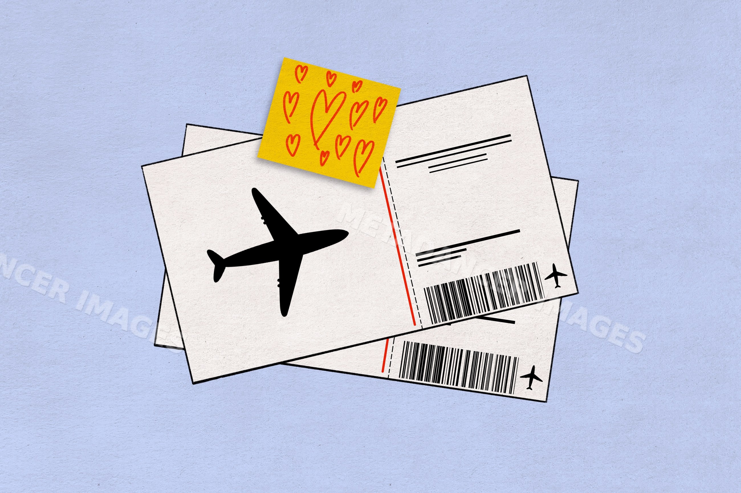 Illustration of airplane boarding passes with red heart sticky note
