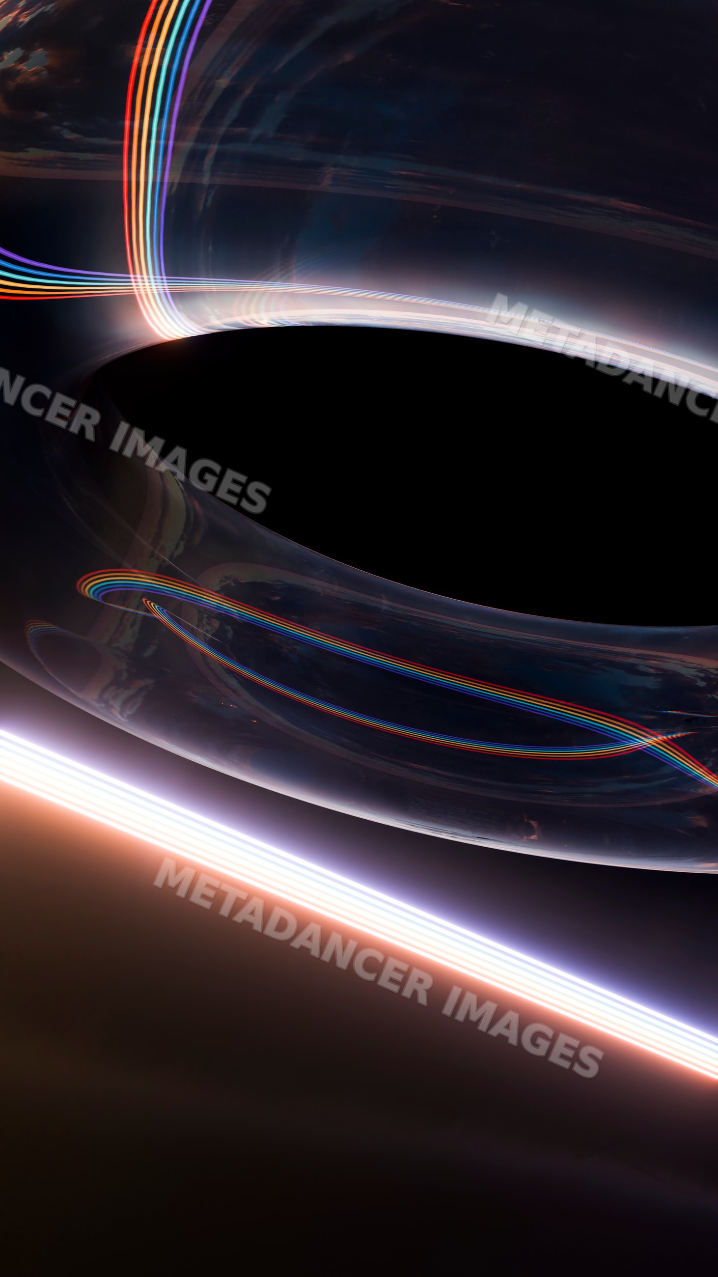 Black hole with colorful light streaks in space