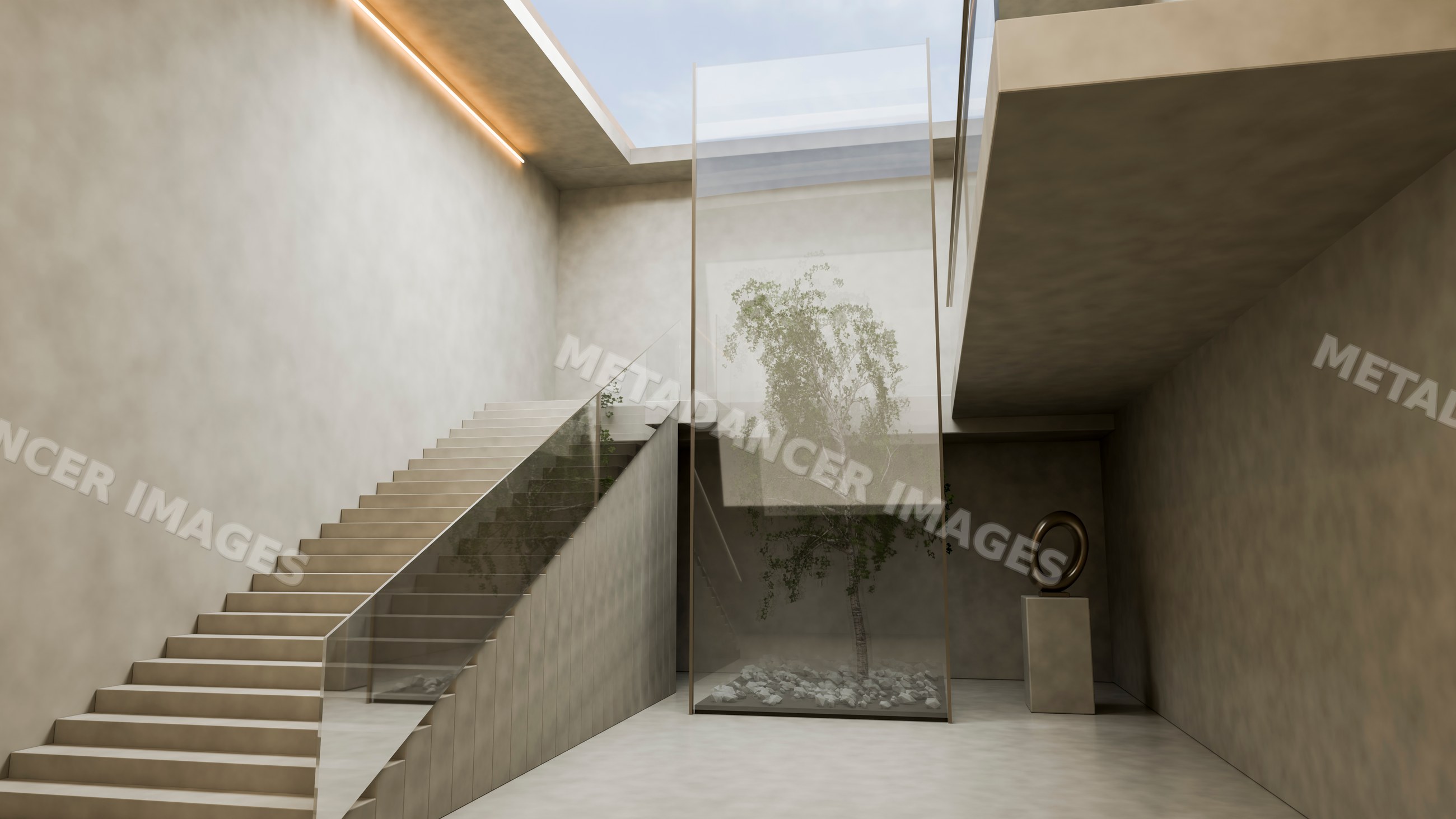 Modern indoor staircase with tree enclosure and sculpture