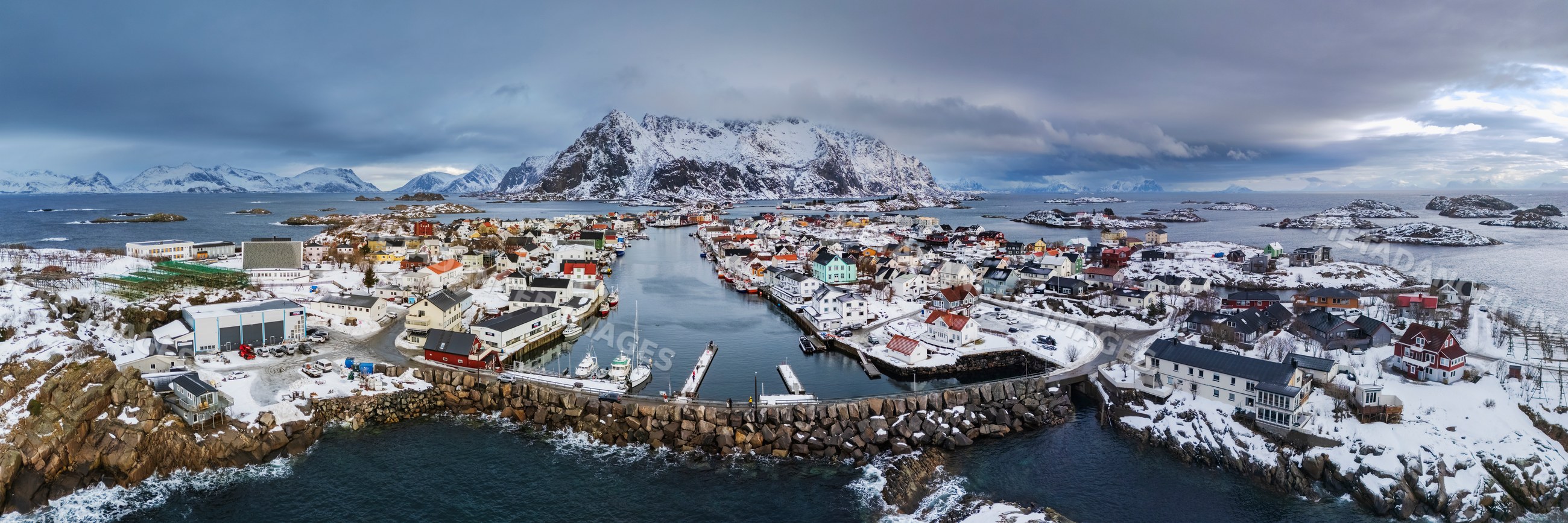 Aerial view of the town of Henningsvaer in Lofoten, Norway