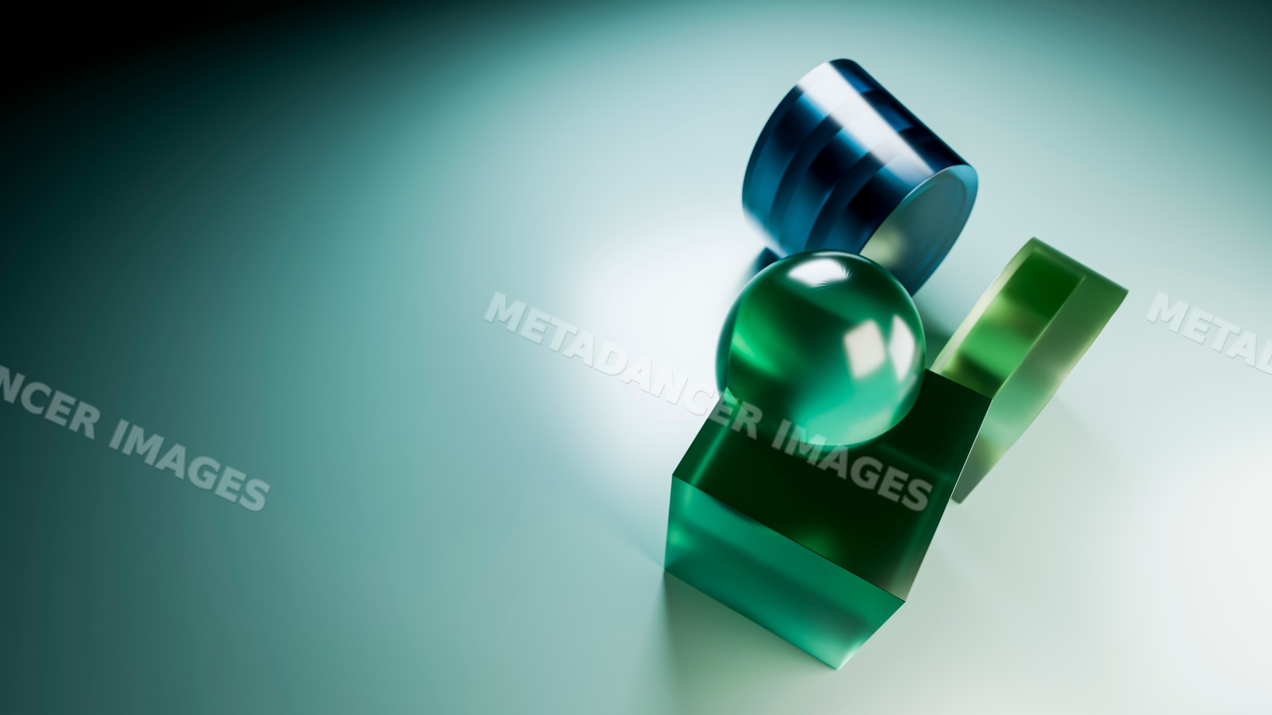 Abstract digital illustration with green and blue geometric 3d shapes