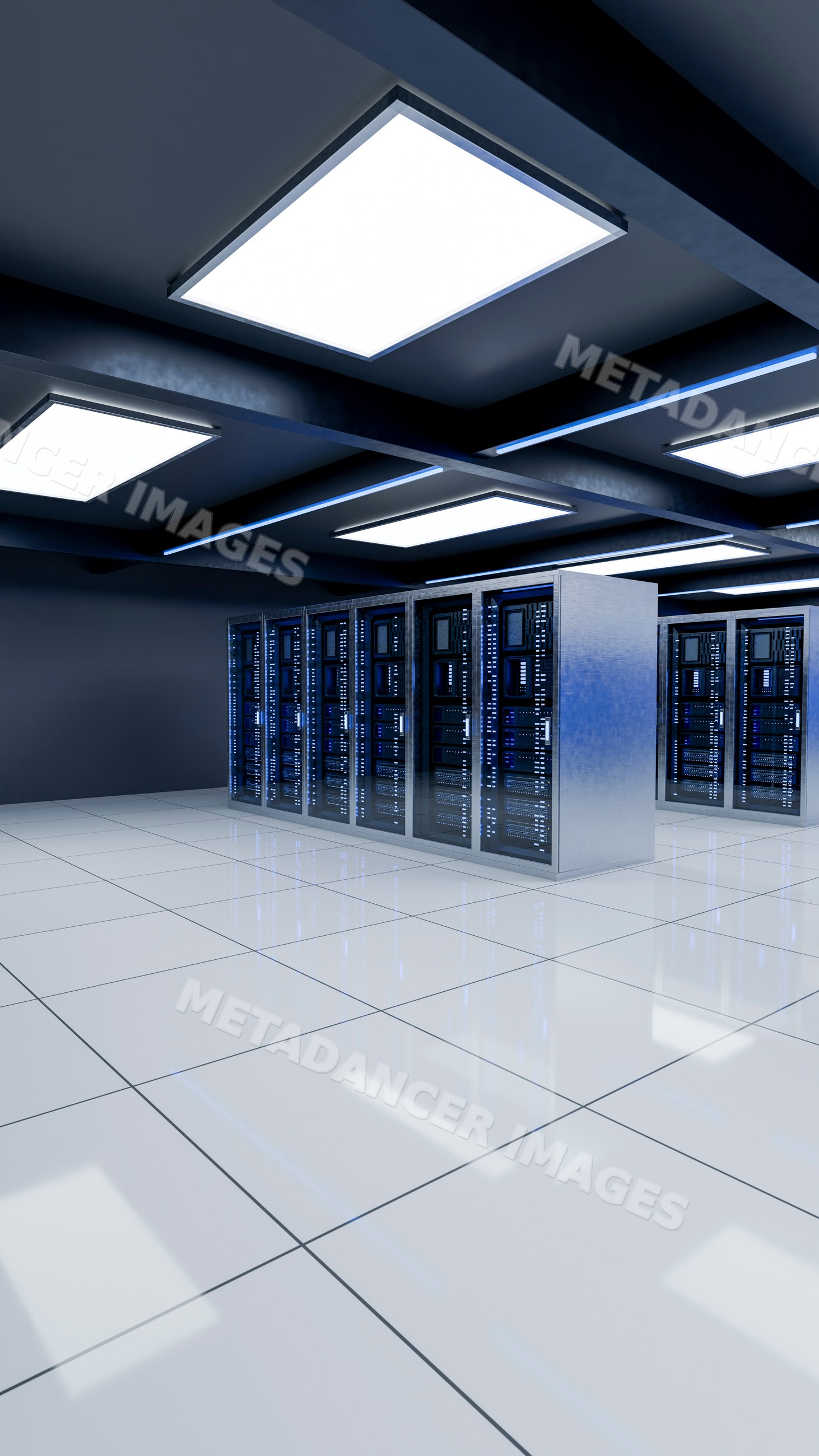 Data center with server racks and modern ceiling lights
