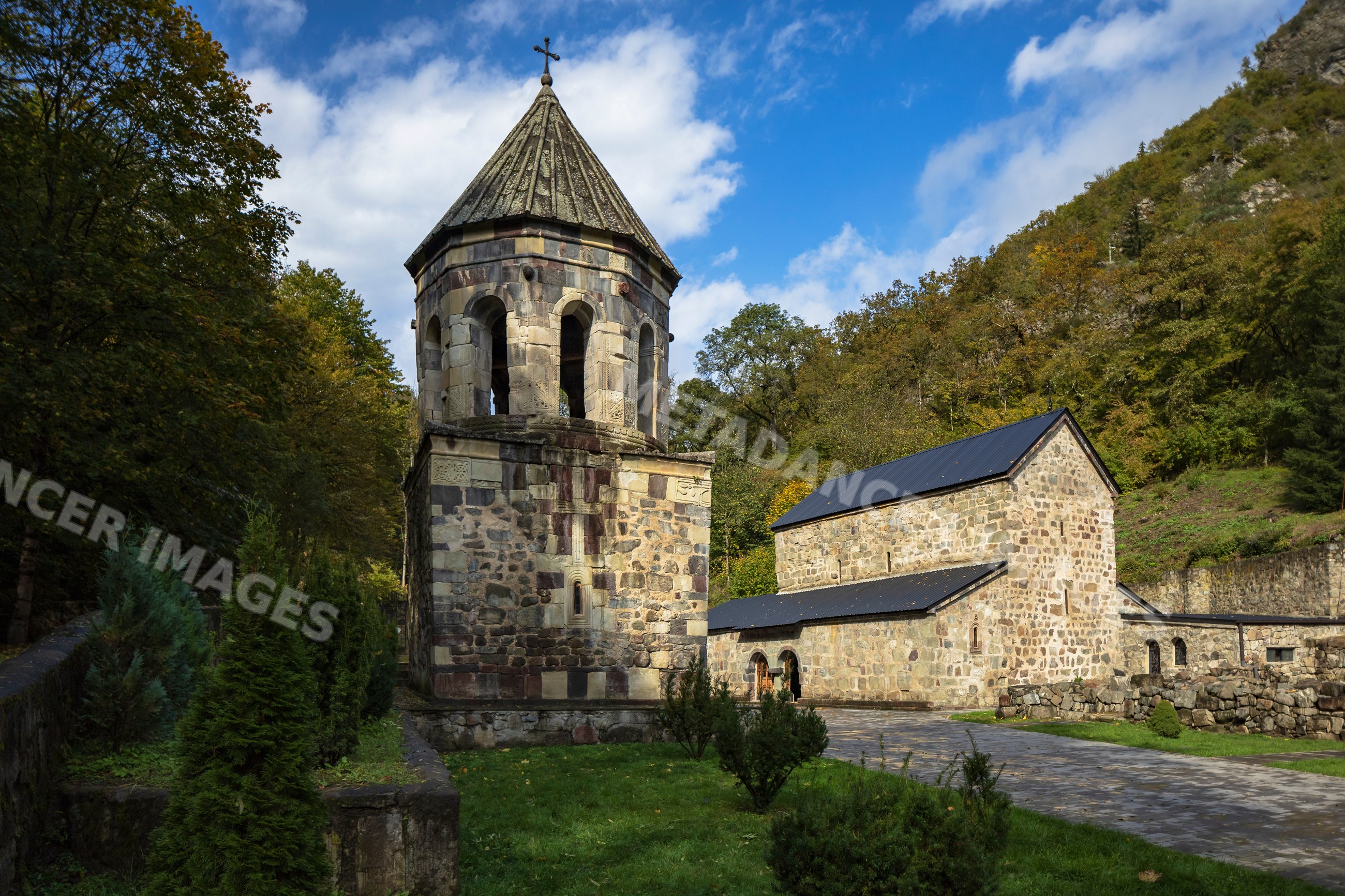 Green Monastery stone church tower
