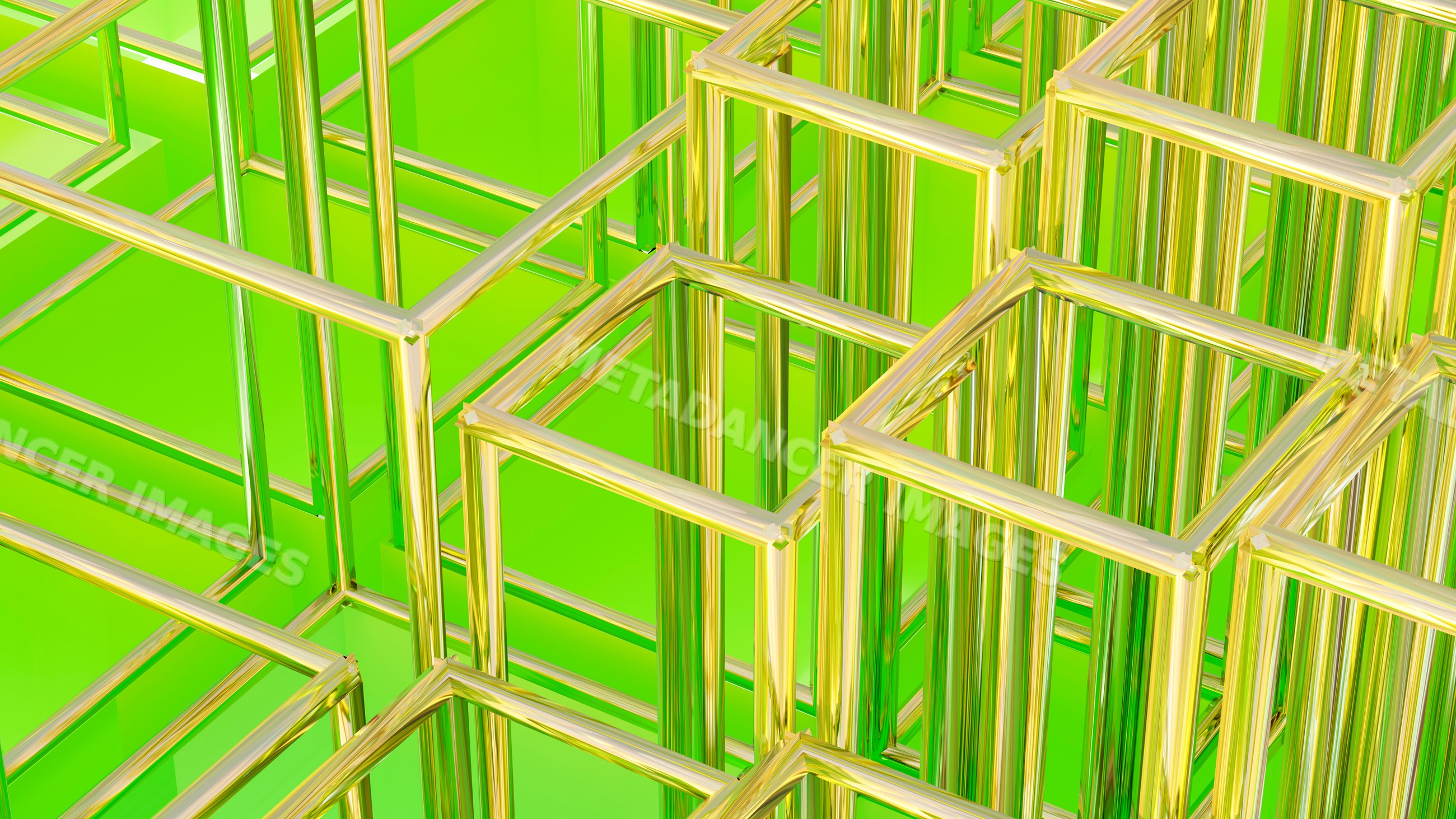 Abstract golden cube frames on green background