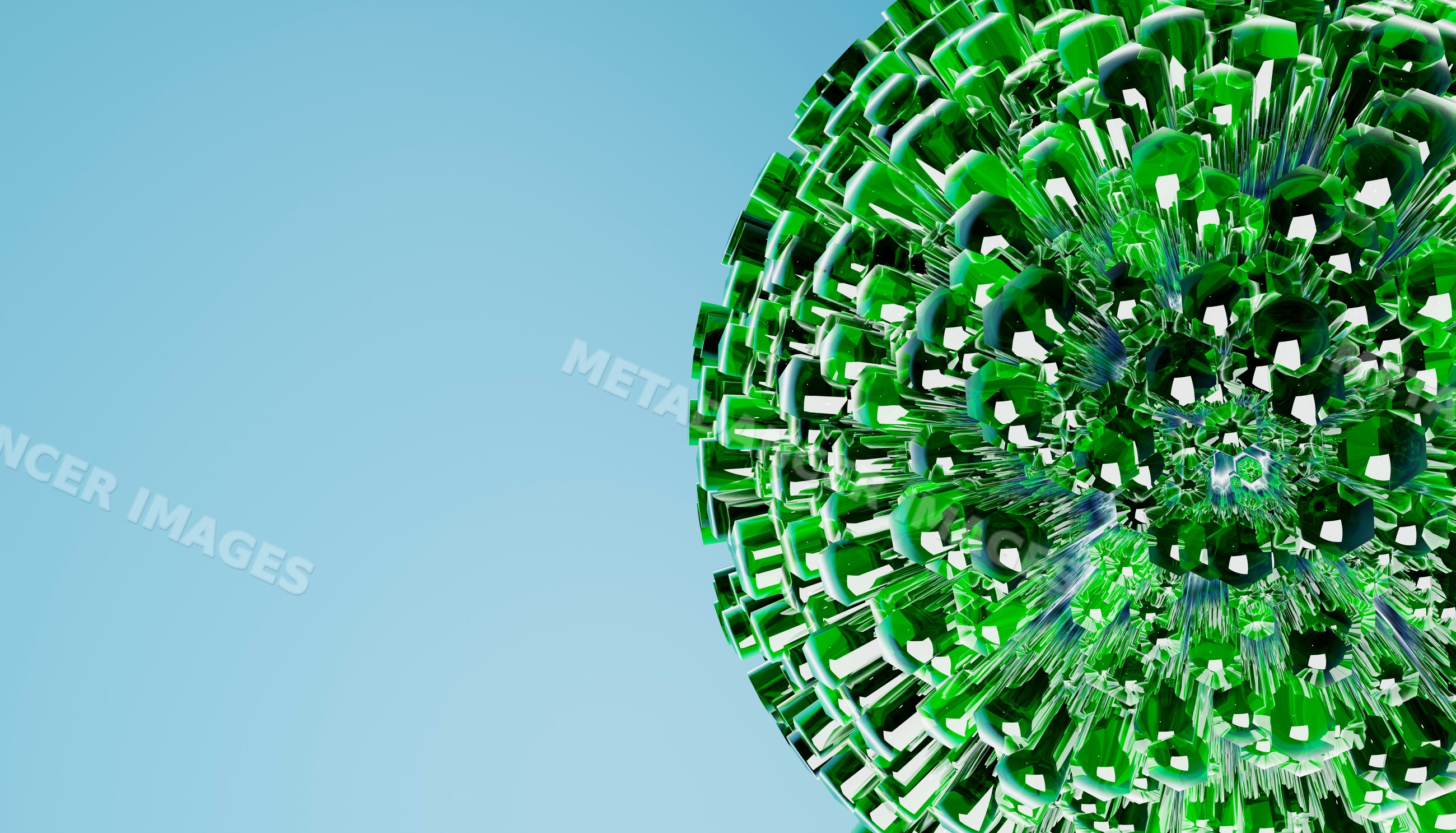 Close-up of a green geometric crystal glass sphere against a blue