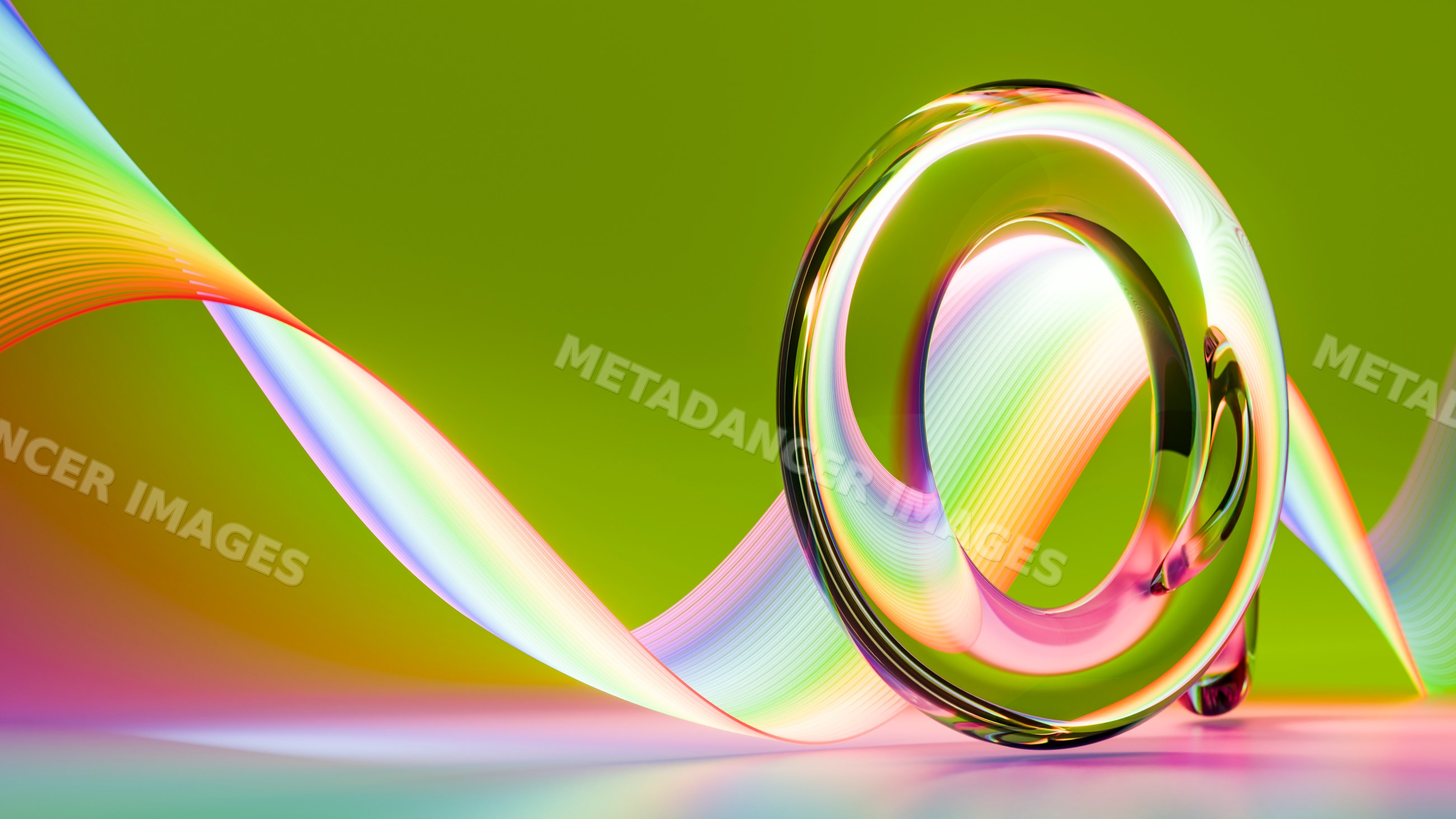 Glass spiral with flowing rainbow wave on green background