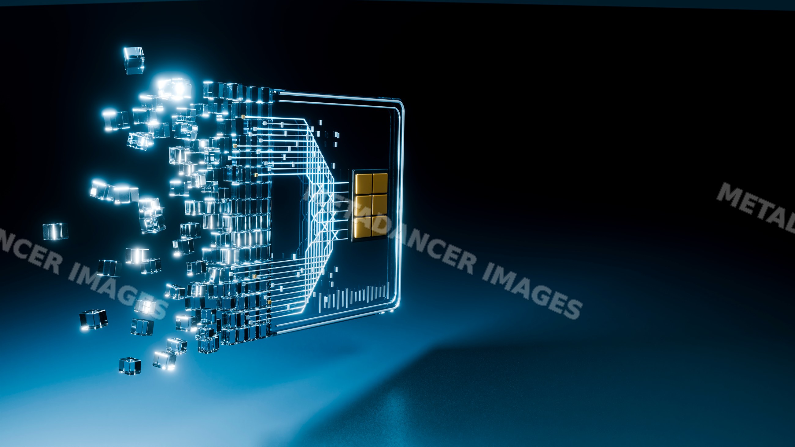 Transparent credit card with digital data cubes symbolizing fintech