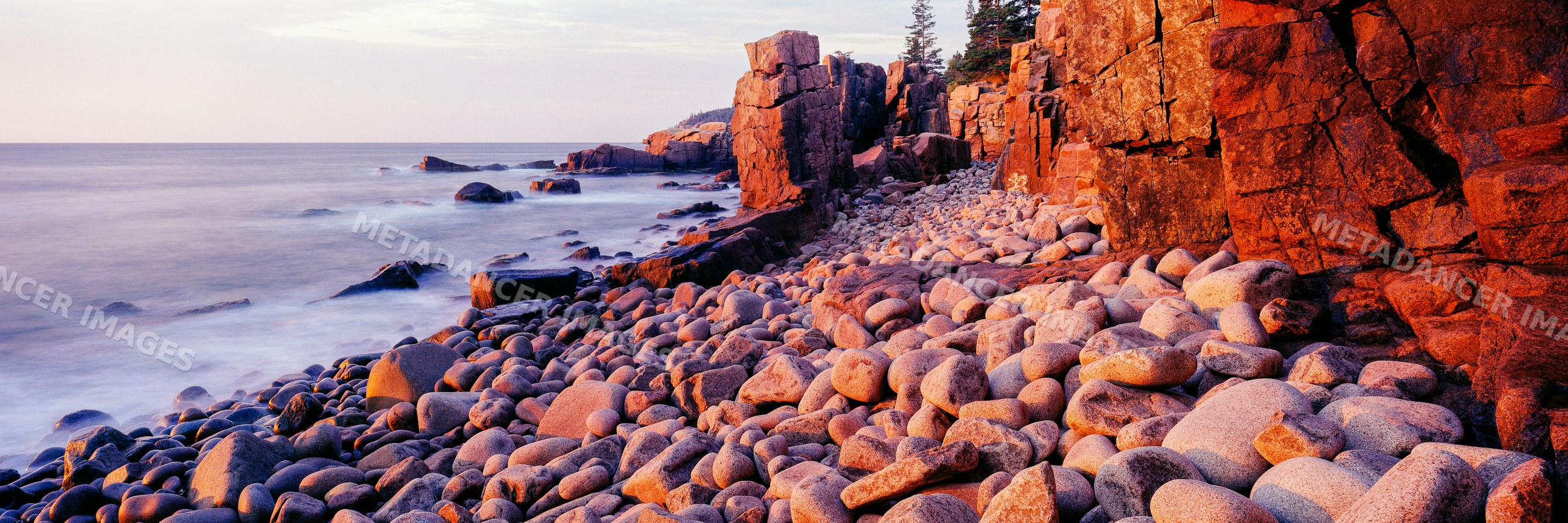 Rocky coastline with boulders and cliffs at acadia national park