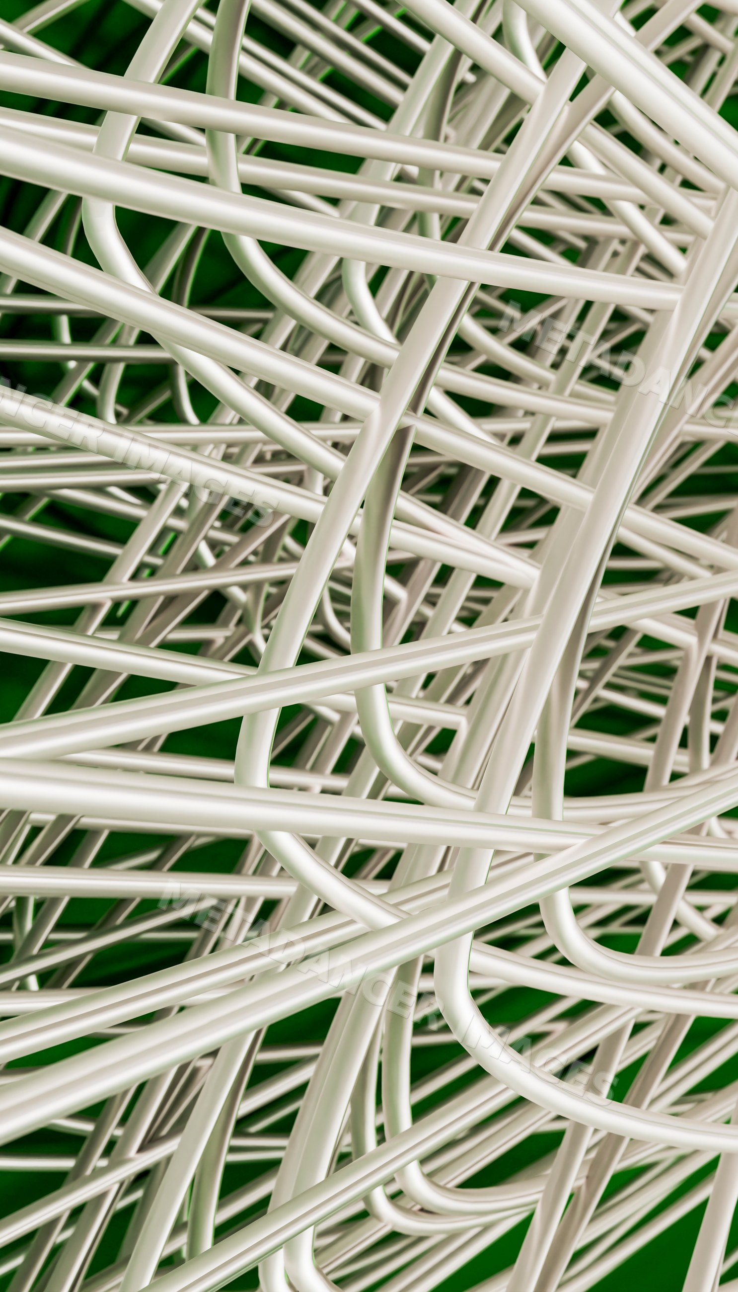 Entangled white cables forming complex mesh in technology close-up