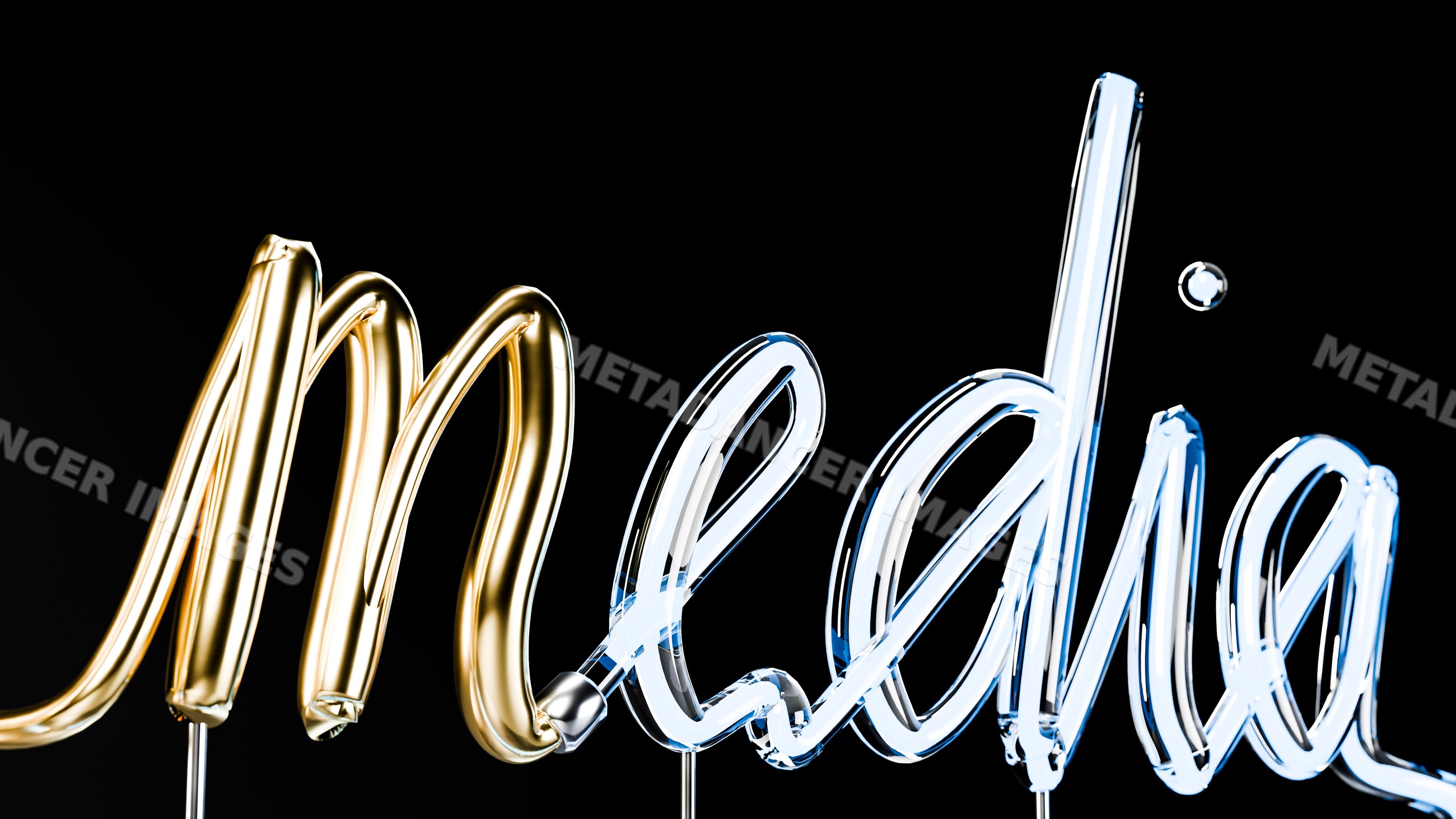 Shiny gold and silver balloon letters spelling media