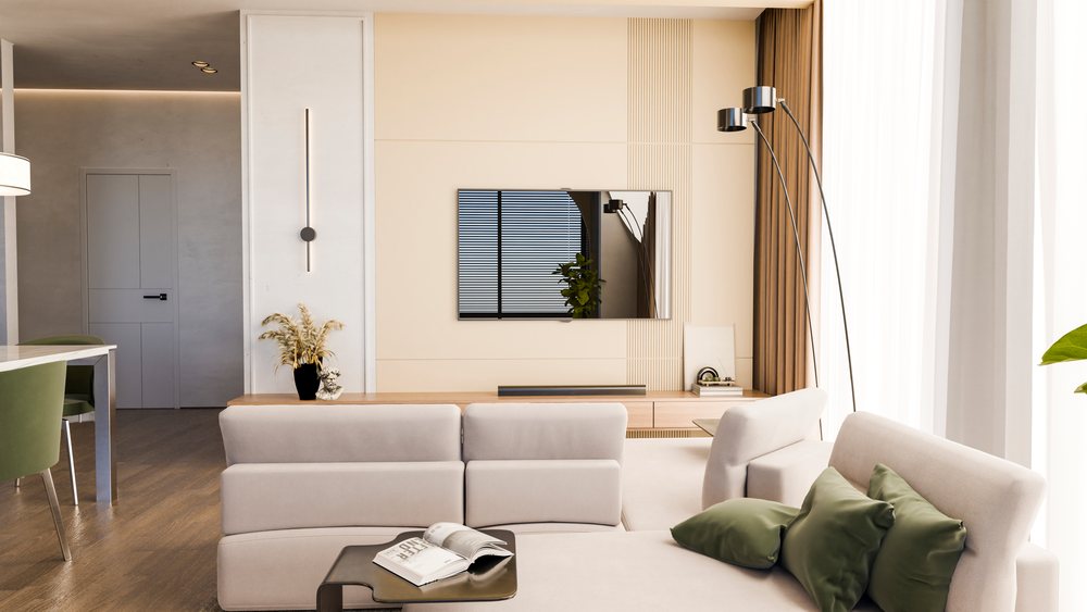 Modern living room interior with cozy sofa and stylish decor