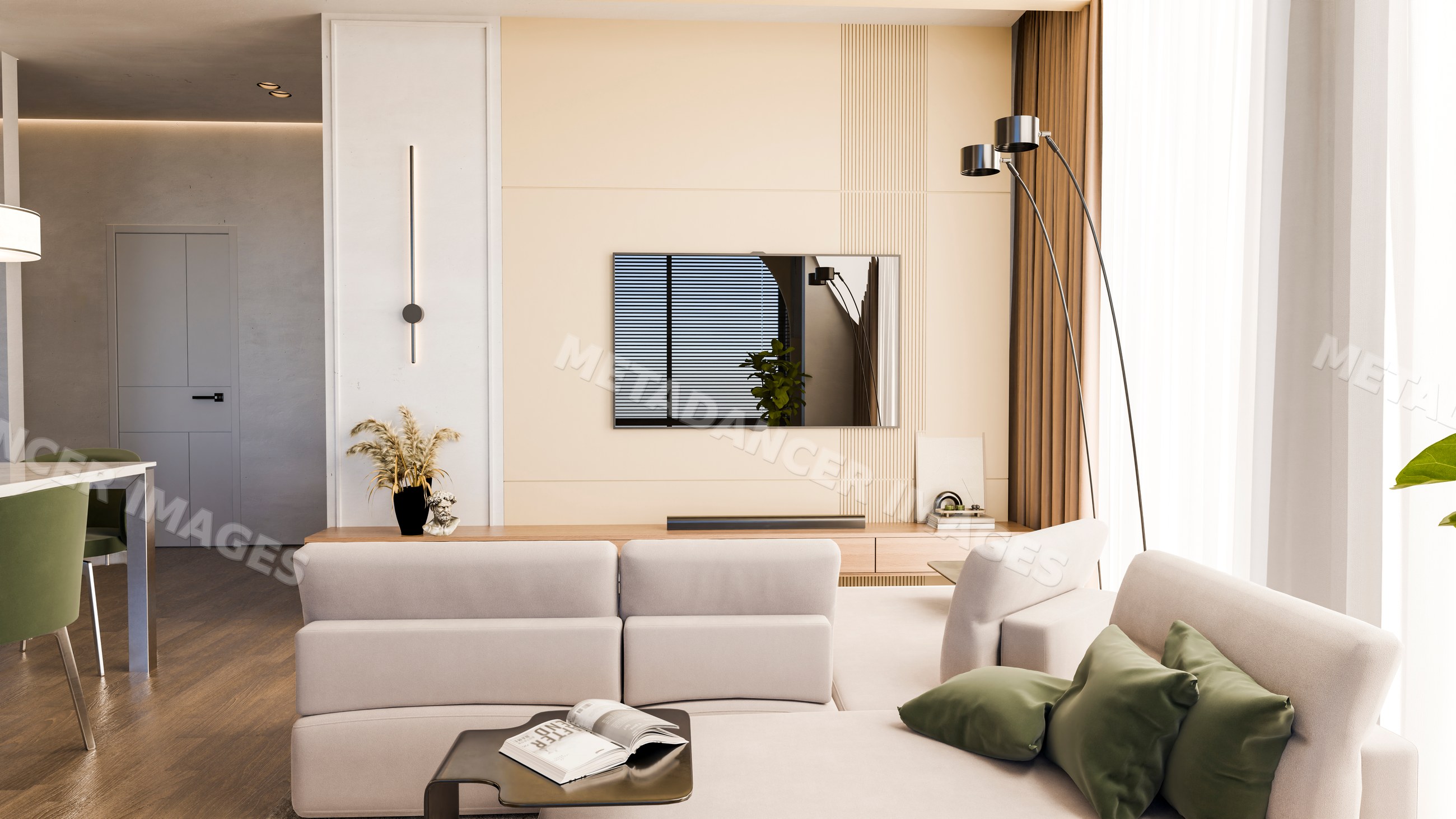 Modern living room interior with cozy sofa and stylish decor