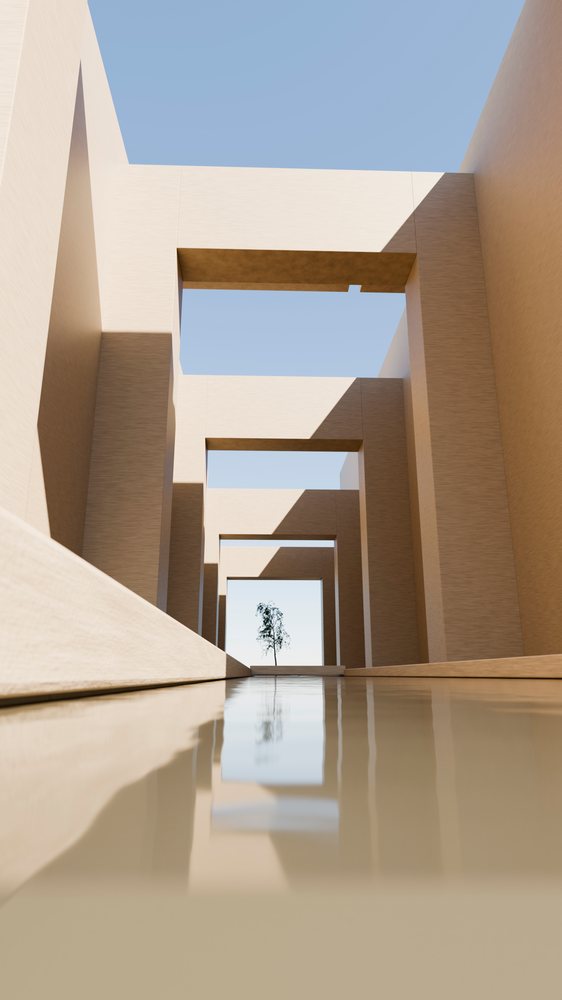 Modern open corridor with reflective water and distant tree