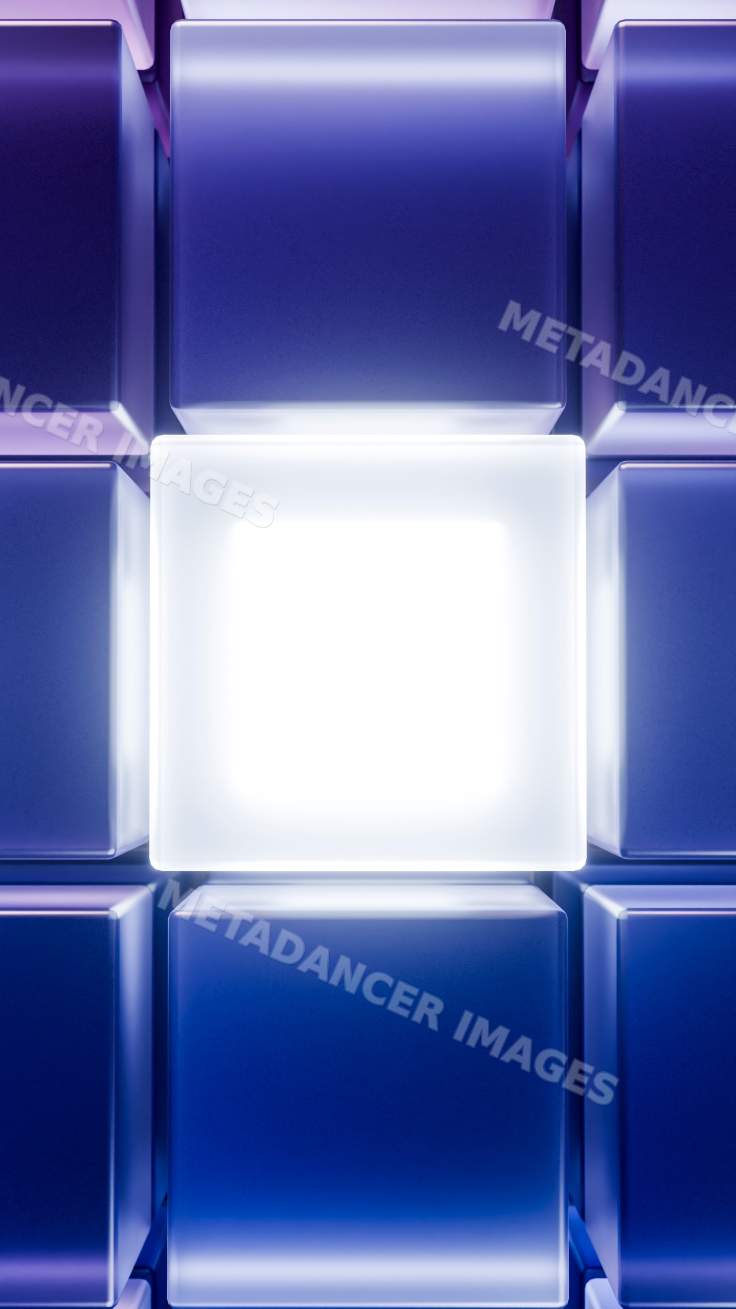 Glowing white cube amid blue geometric 3d cubes