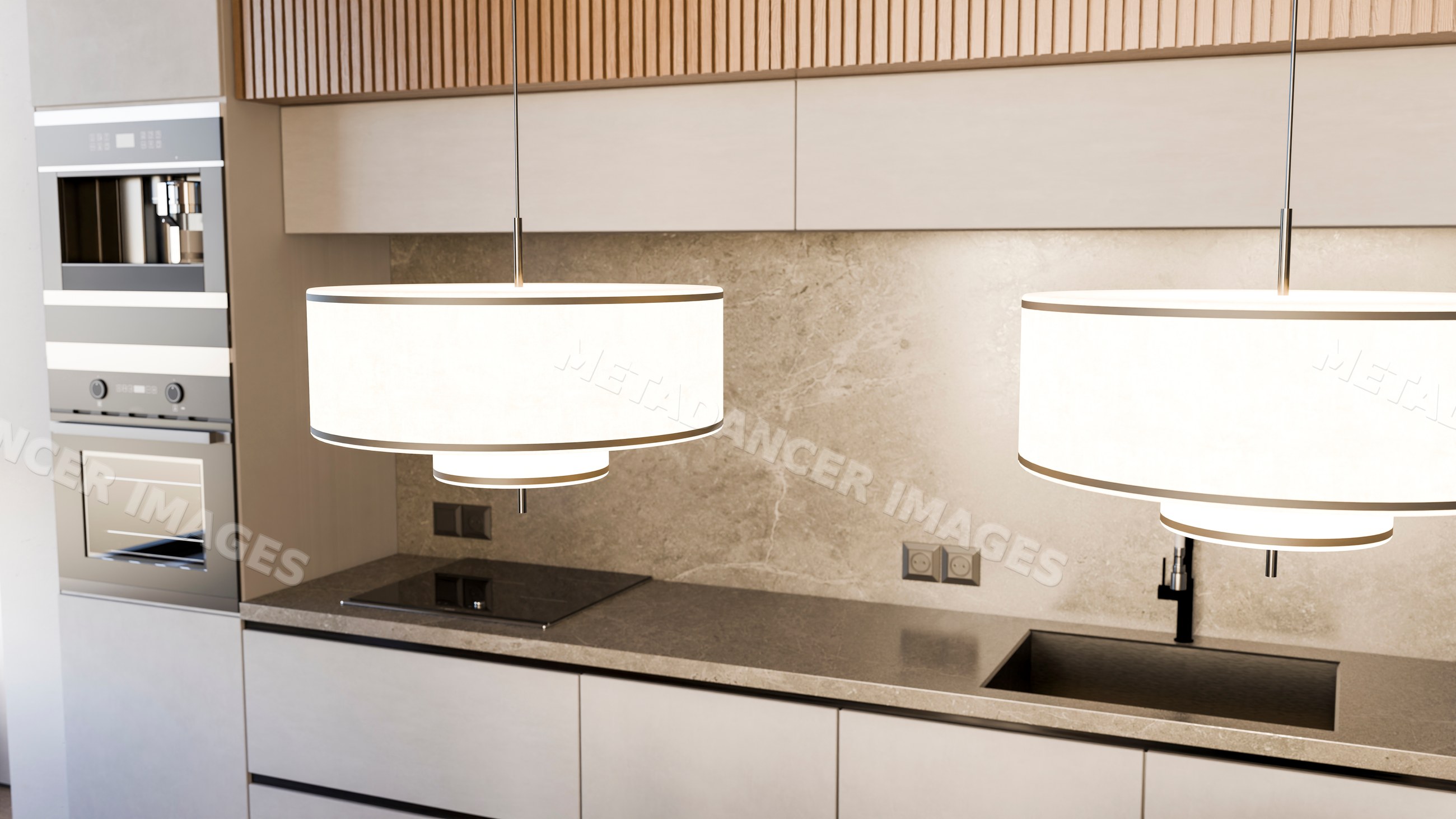 Modern kitchen interior with gray countertop, integrated sink