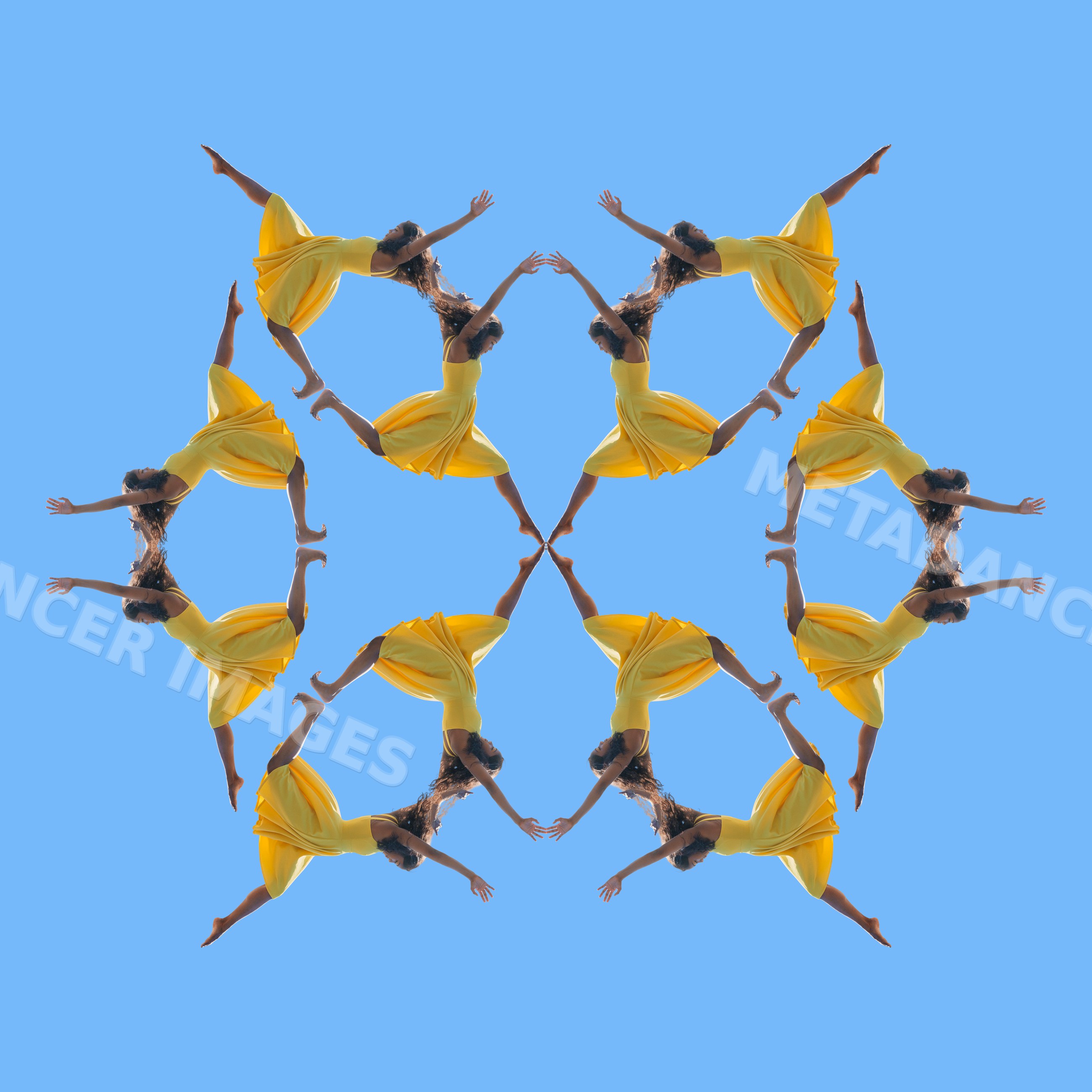 South Asian woman in yellow dress dancing in kaleidoscope mandala