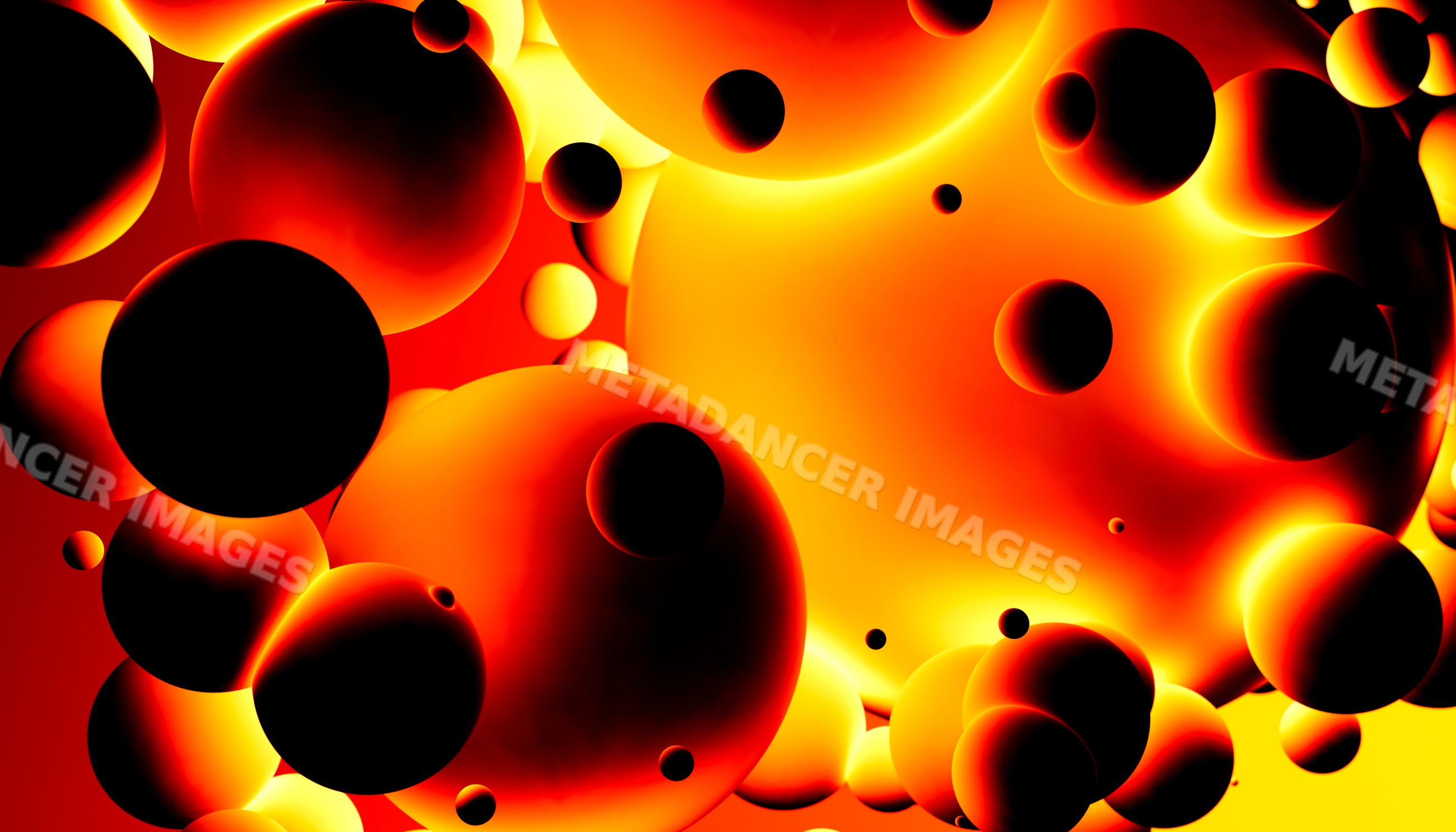 Digital illustration of glowing orange and red abstract spheres