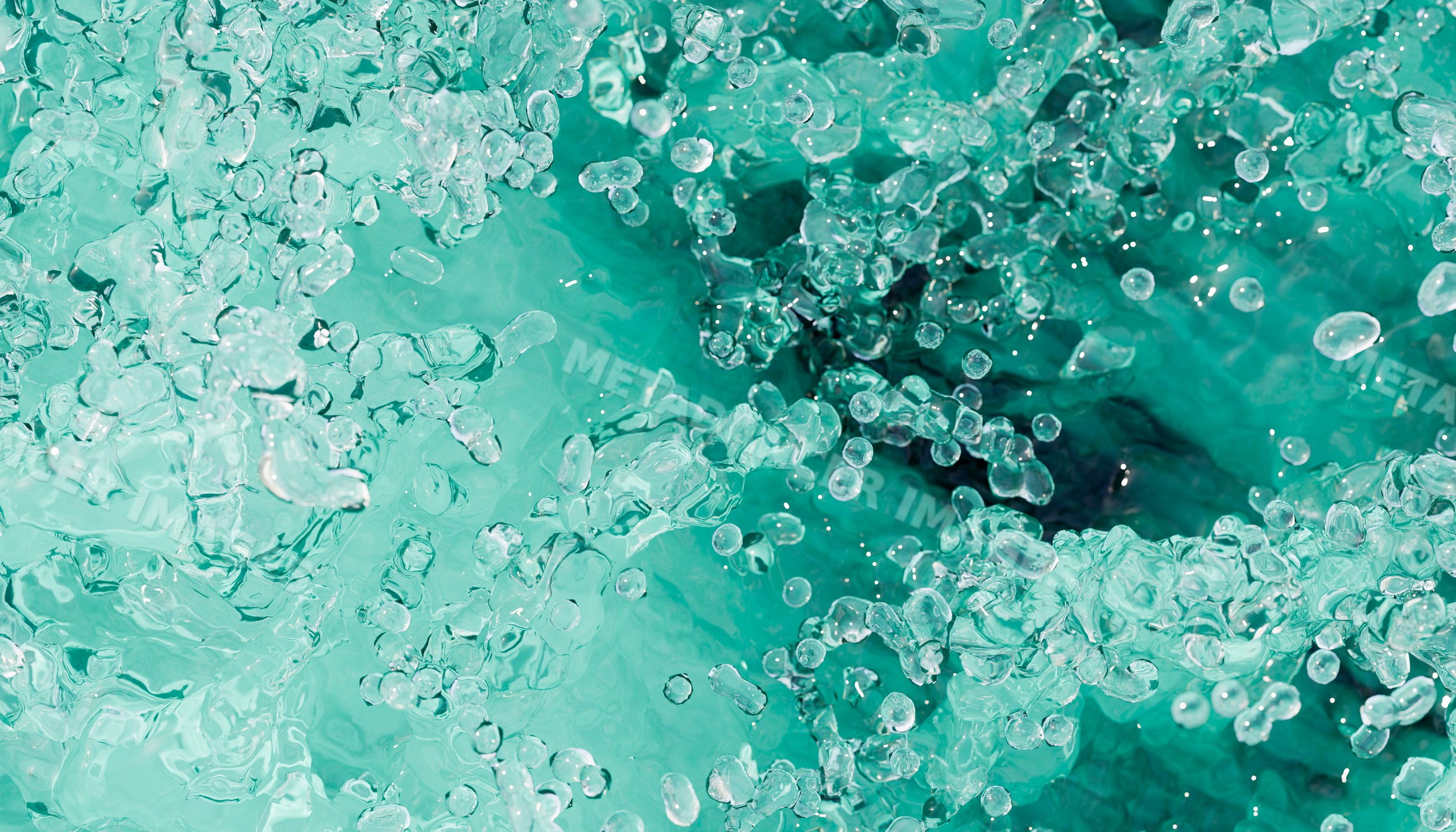 Close-up of water splashes and bubbles in clear blue water
