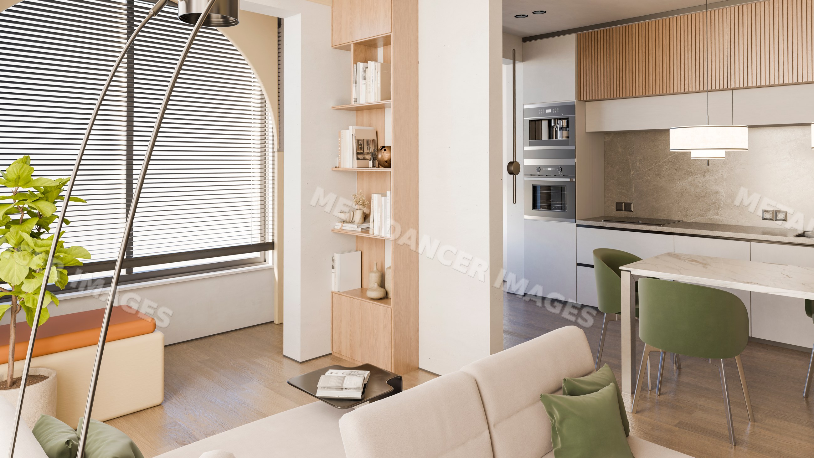 Modern kitchen and dining room with wooden flooring and green chairs