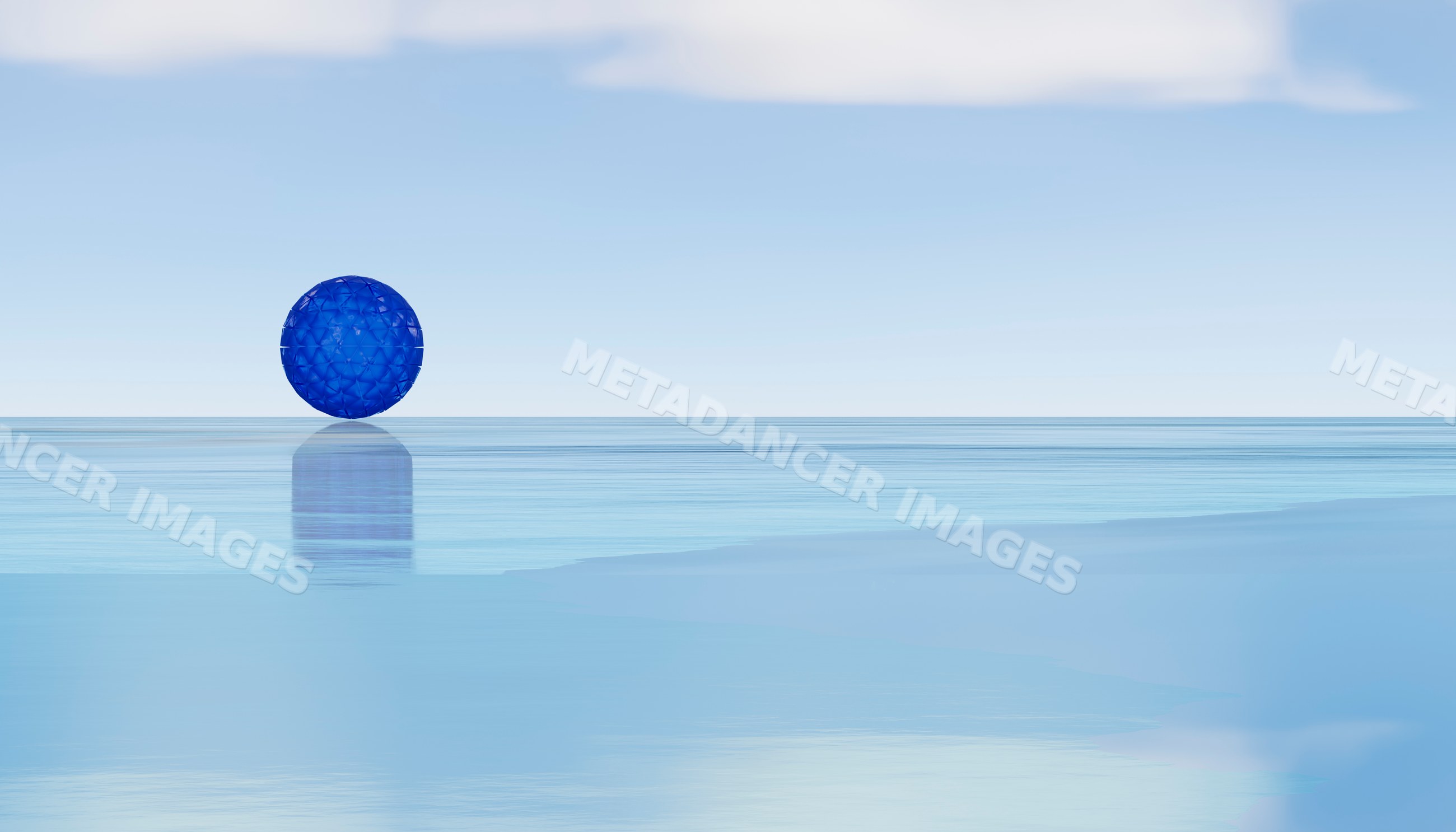 Blue geometric sphere floating above calm water reflecting sky