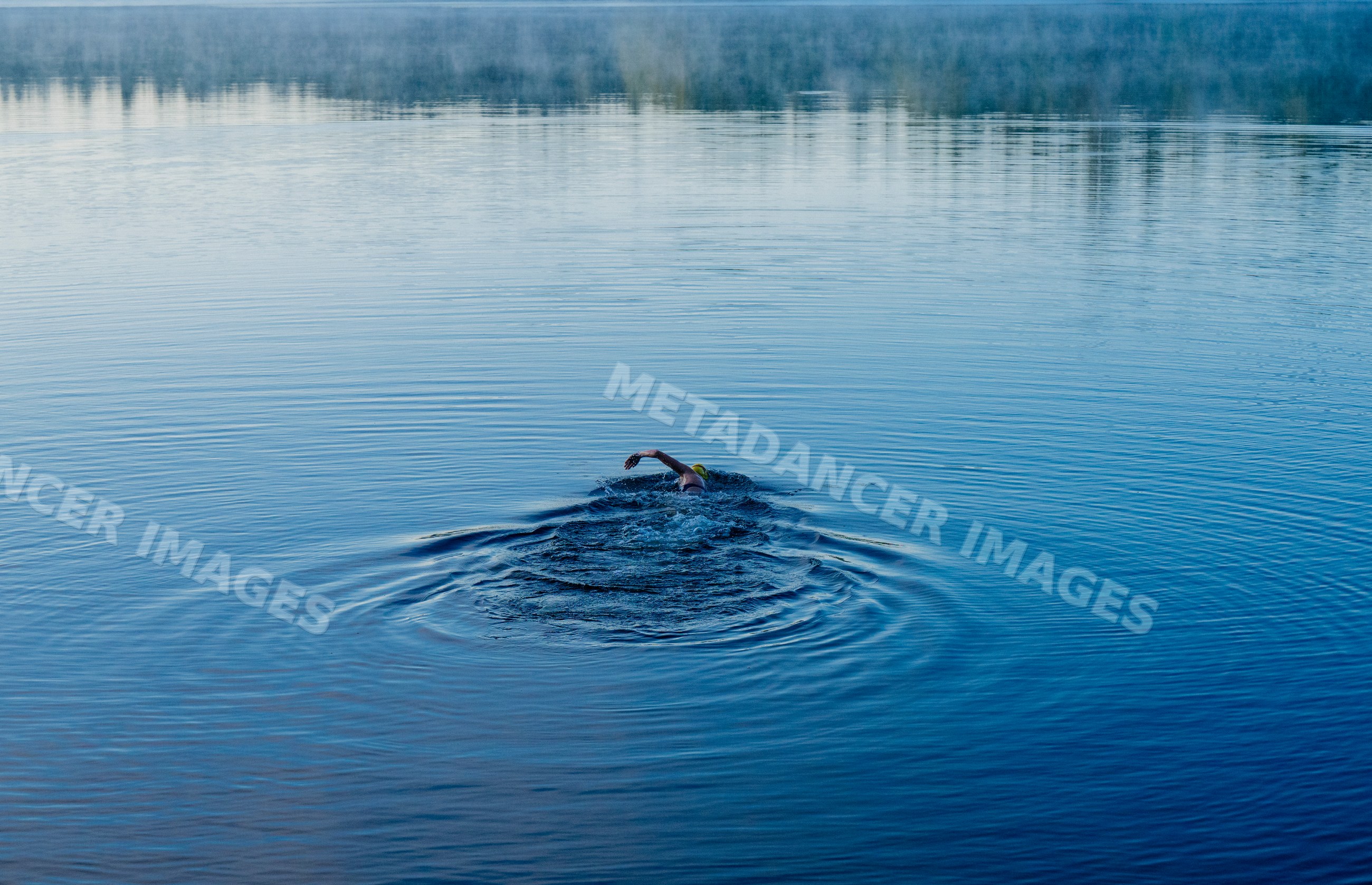 Open water white swimmer performing freestyle in calm lake water