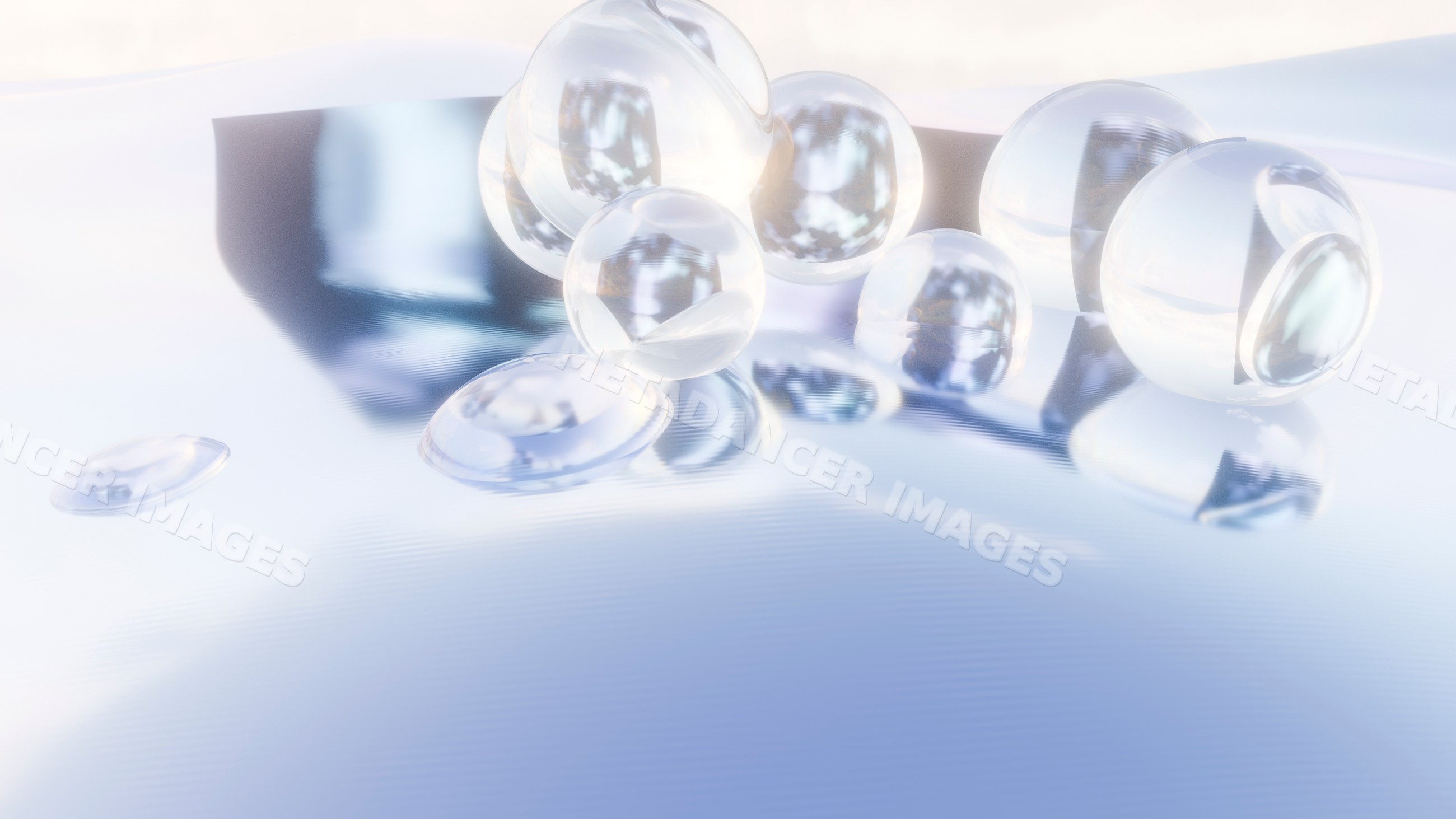 Clear water droplets reflecting light on smooth surface