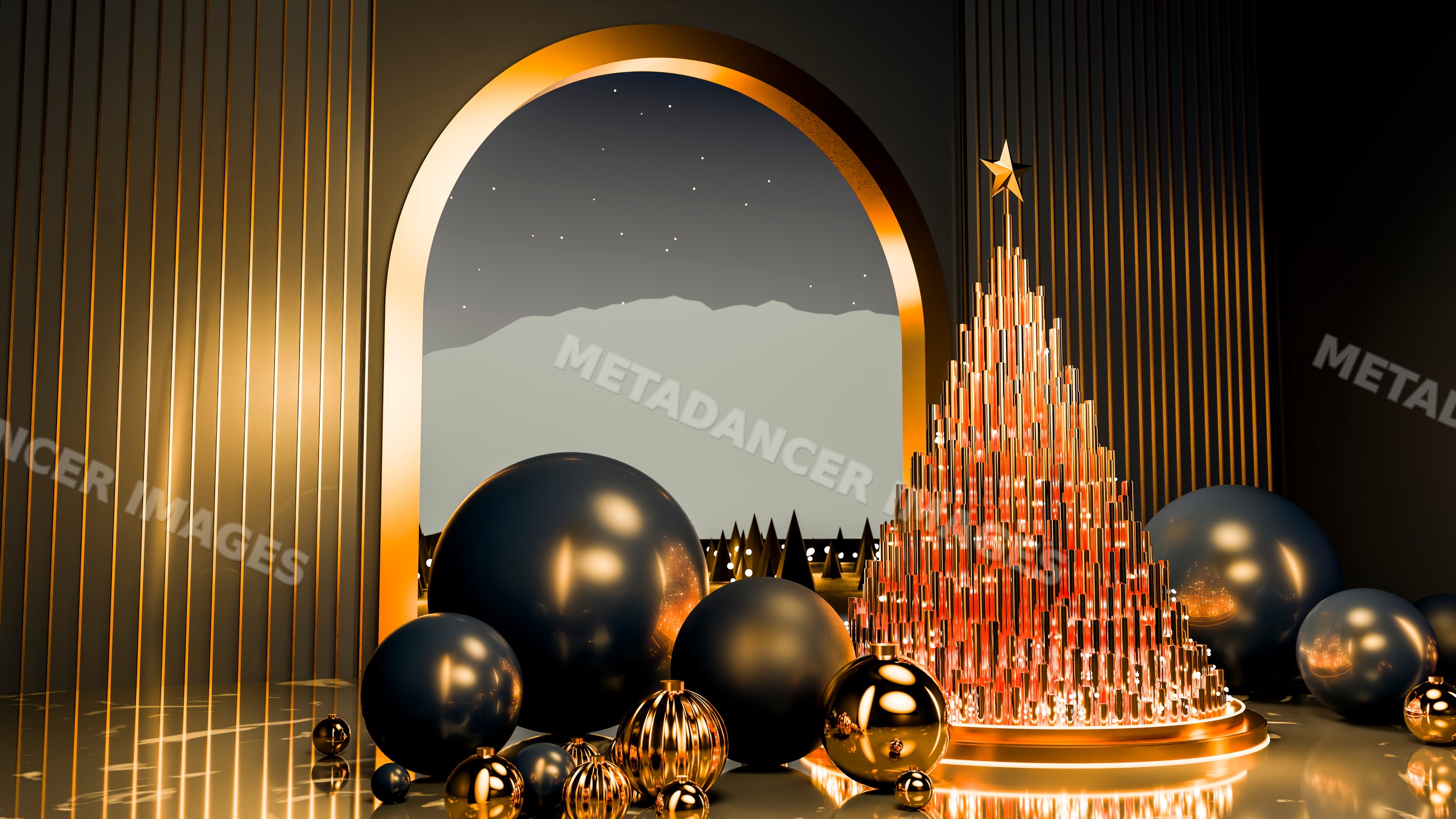 Christmas tree with golden ornaments and starry night background