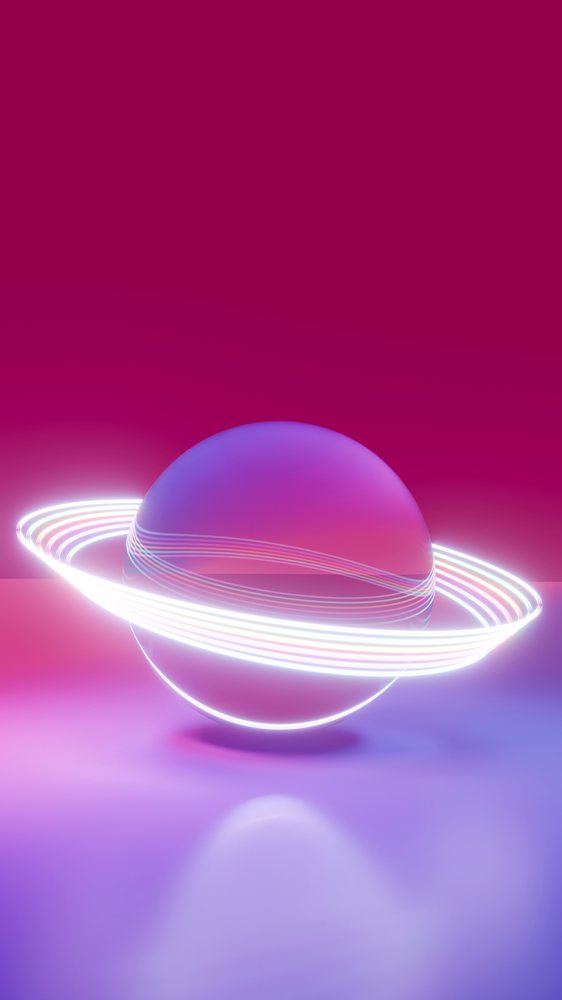 3d render of glowing orb with neon rings on reflective surface