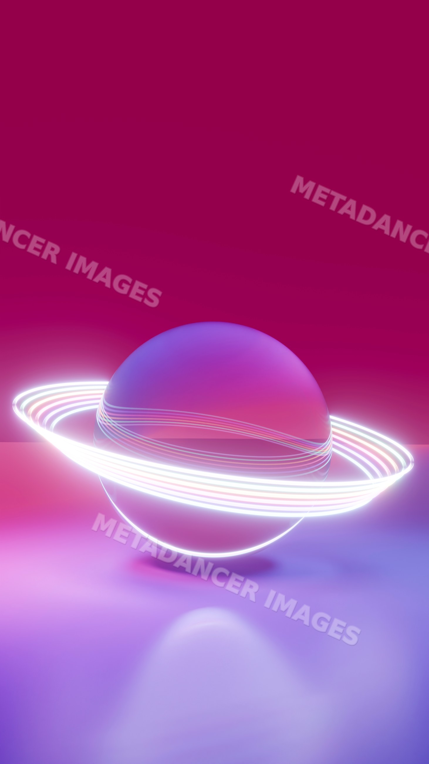3d render of glowing orb with neon rings on reflective surface