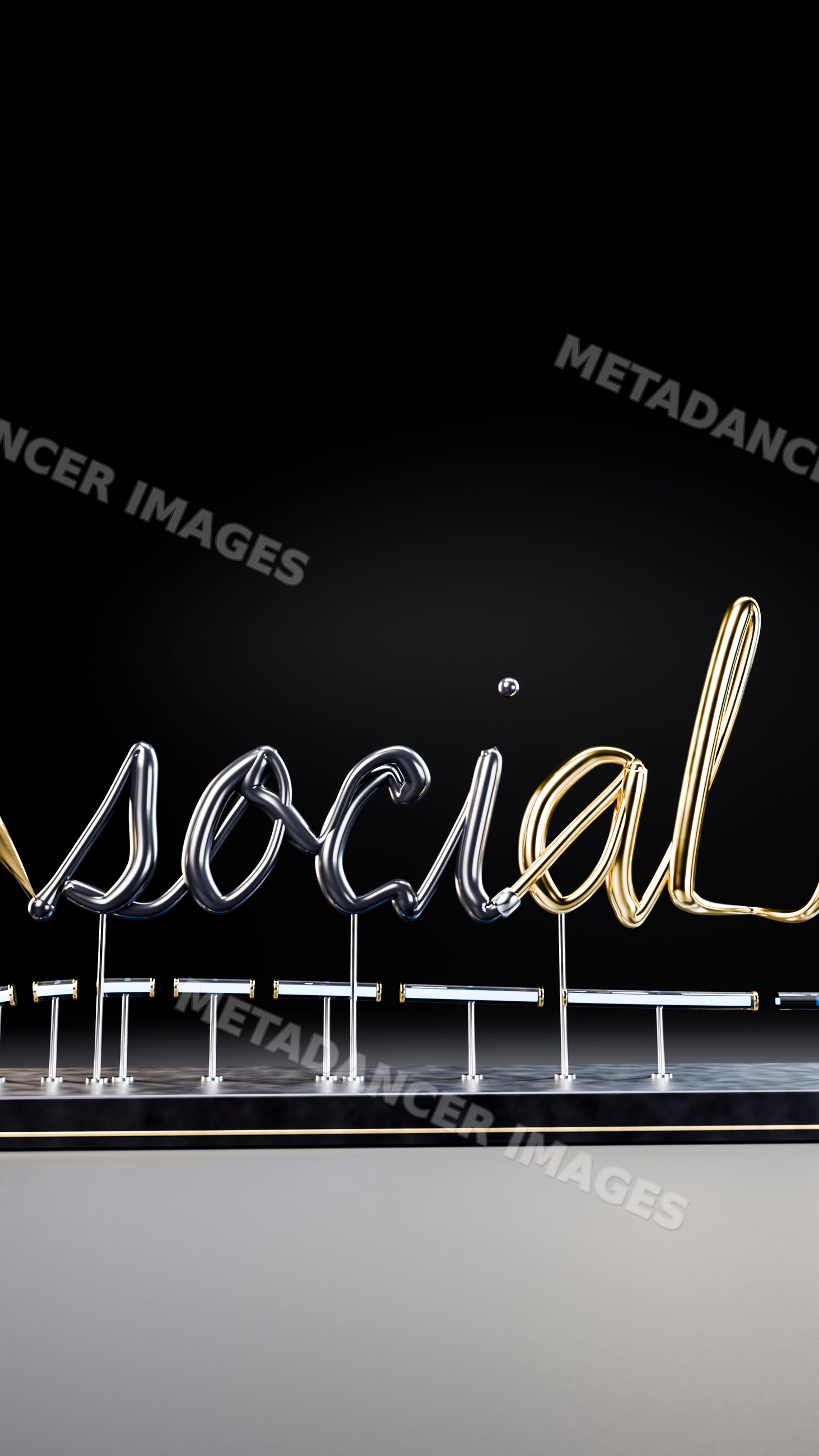 Metal sculpture spelling 'social' in a modern art setting