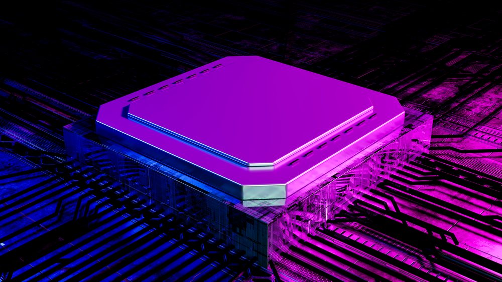 Processor microchip on circuit board with purple and blue lighting