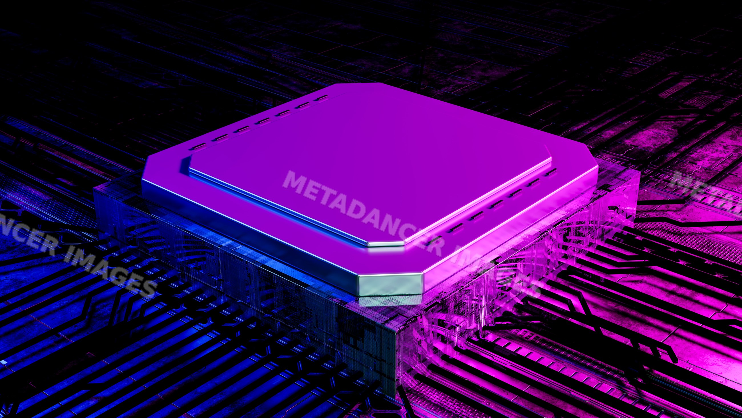 Processor microchip on circuit board with purple and blue lighting