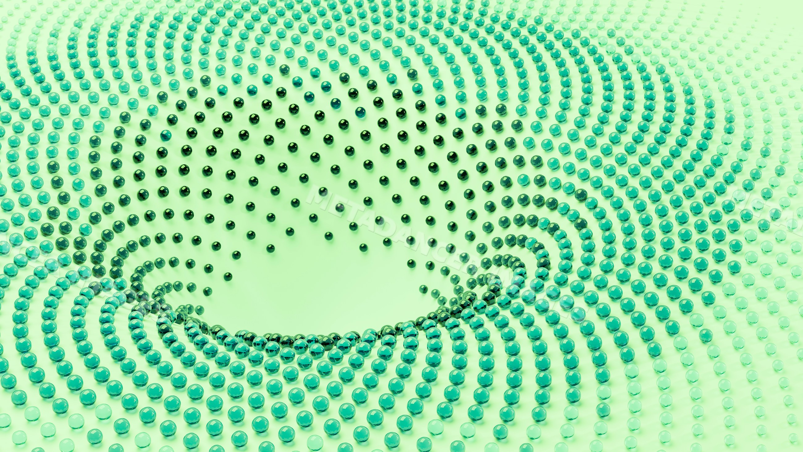 3d digital art of turquoise spheres in concentric spiral pattern