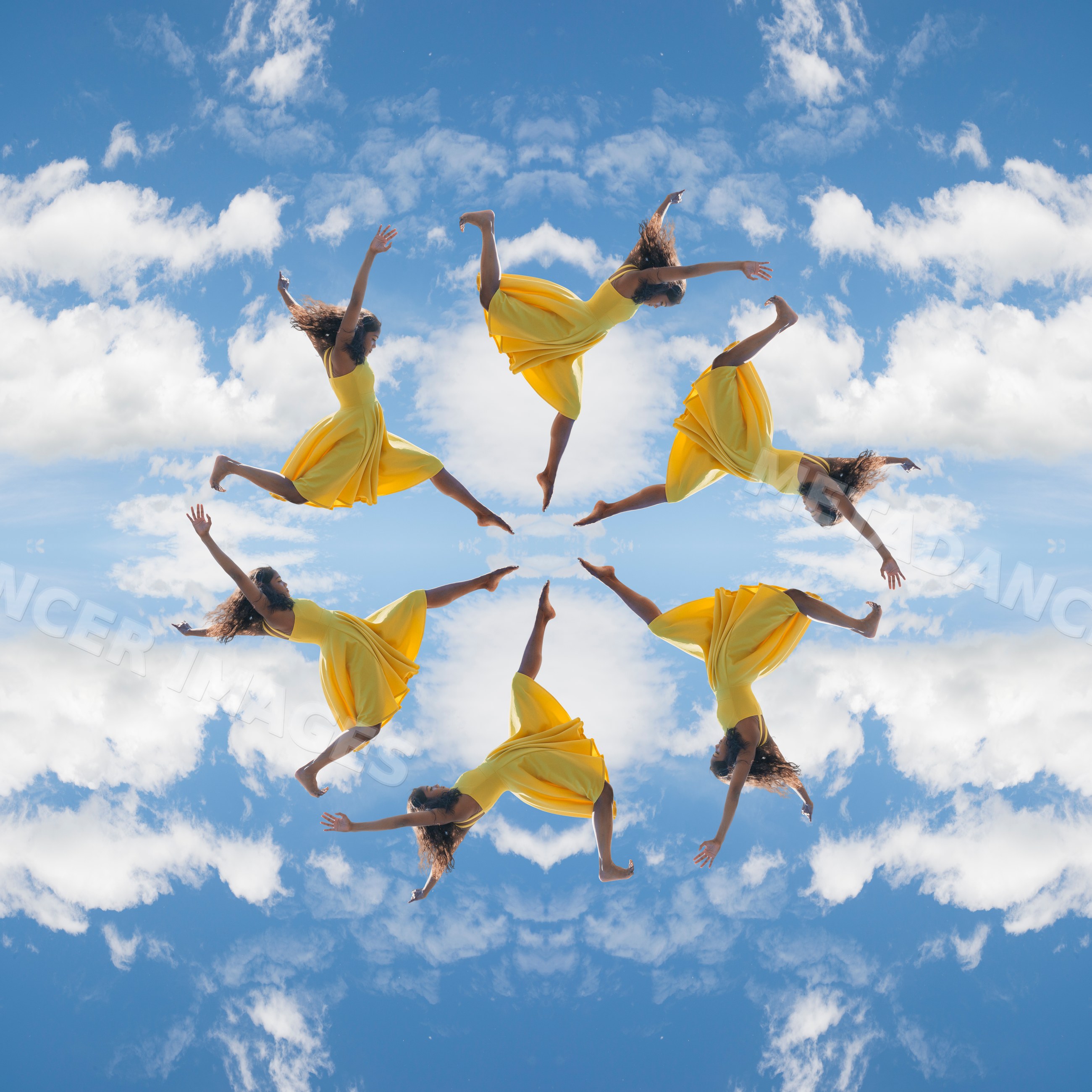 South Asian dancer in yellow dress jumping in sky kaleidoscope mandala