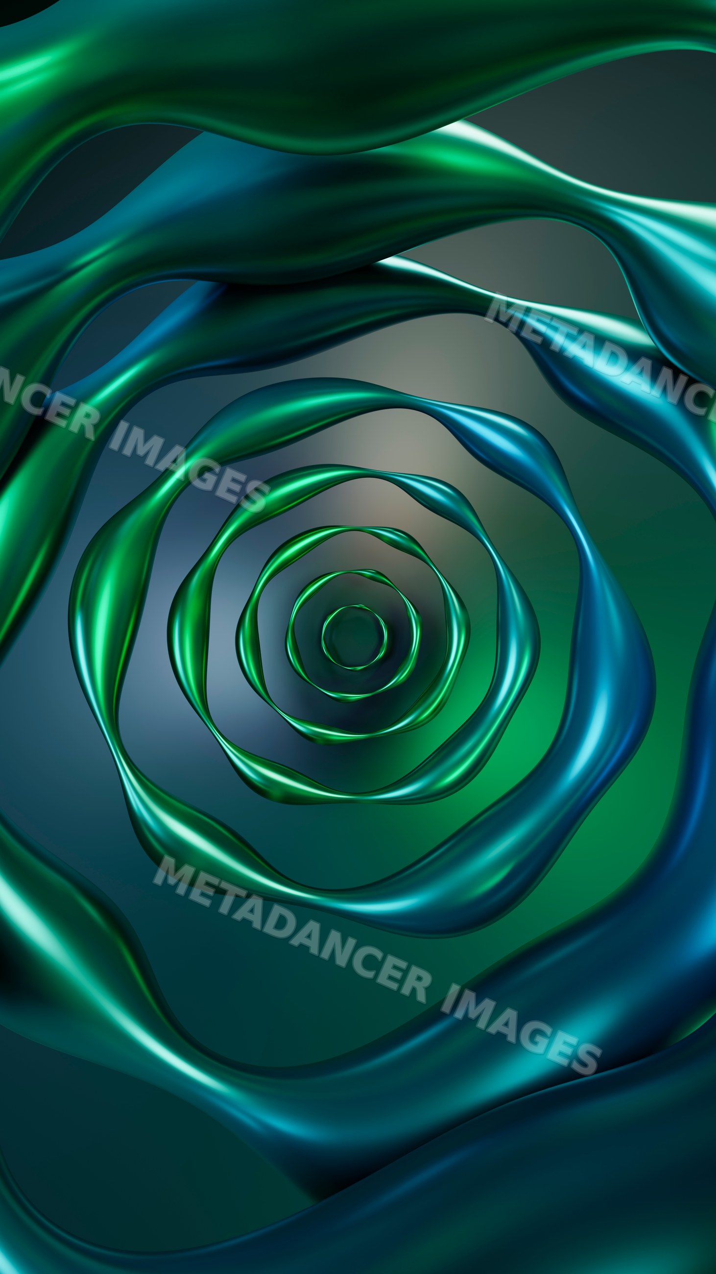 Abstract digital art of metallic fluid spiral vortex