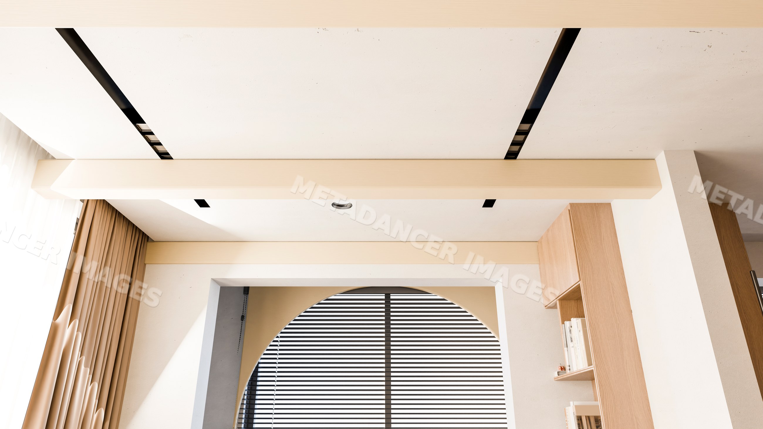 Modern interior with ceiling beams and arched window blinds