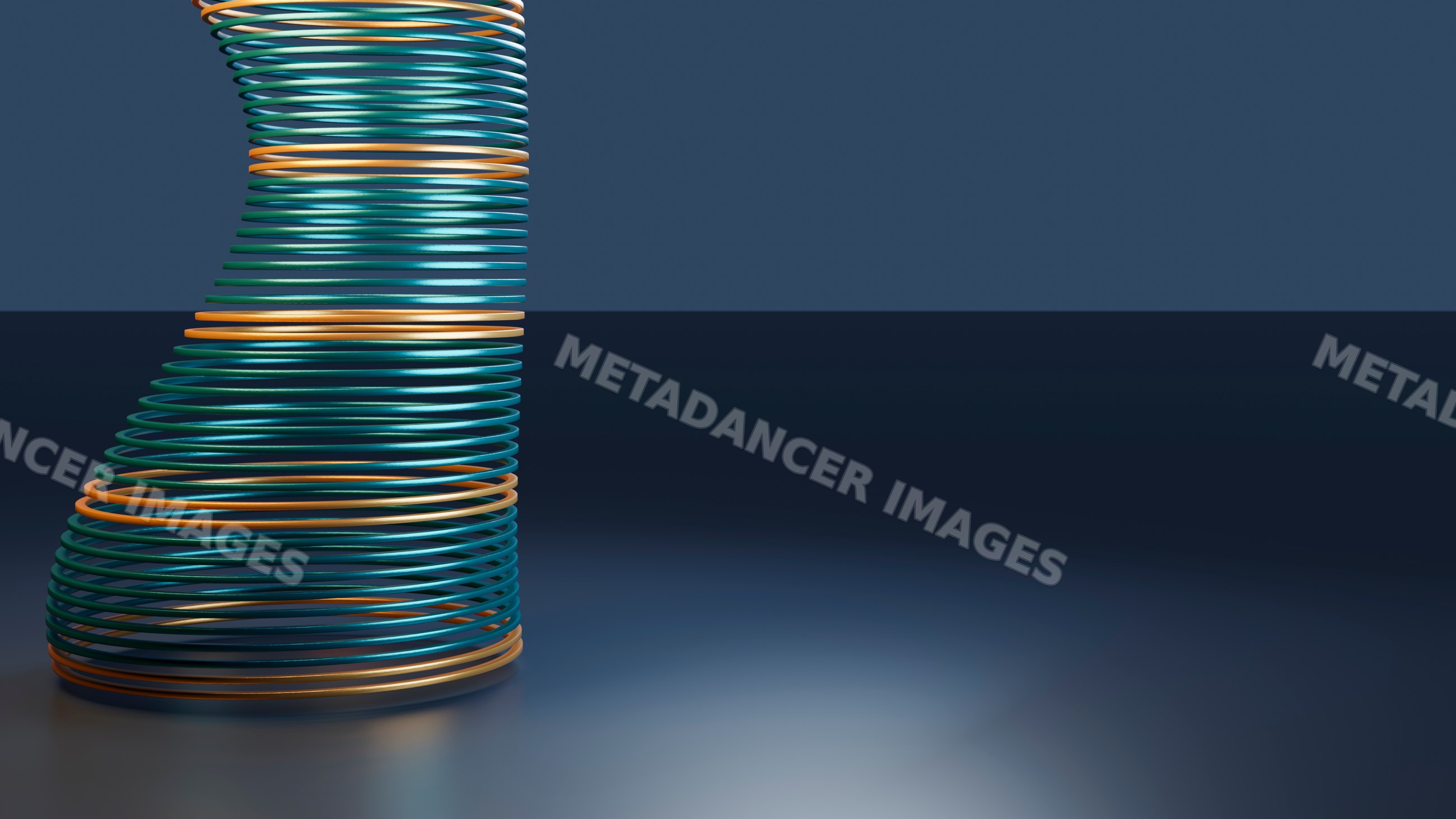 Colorful spiral metal coil sculpture with interlocked rings