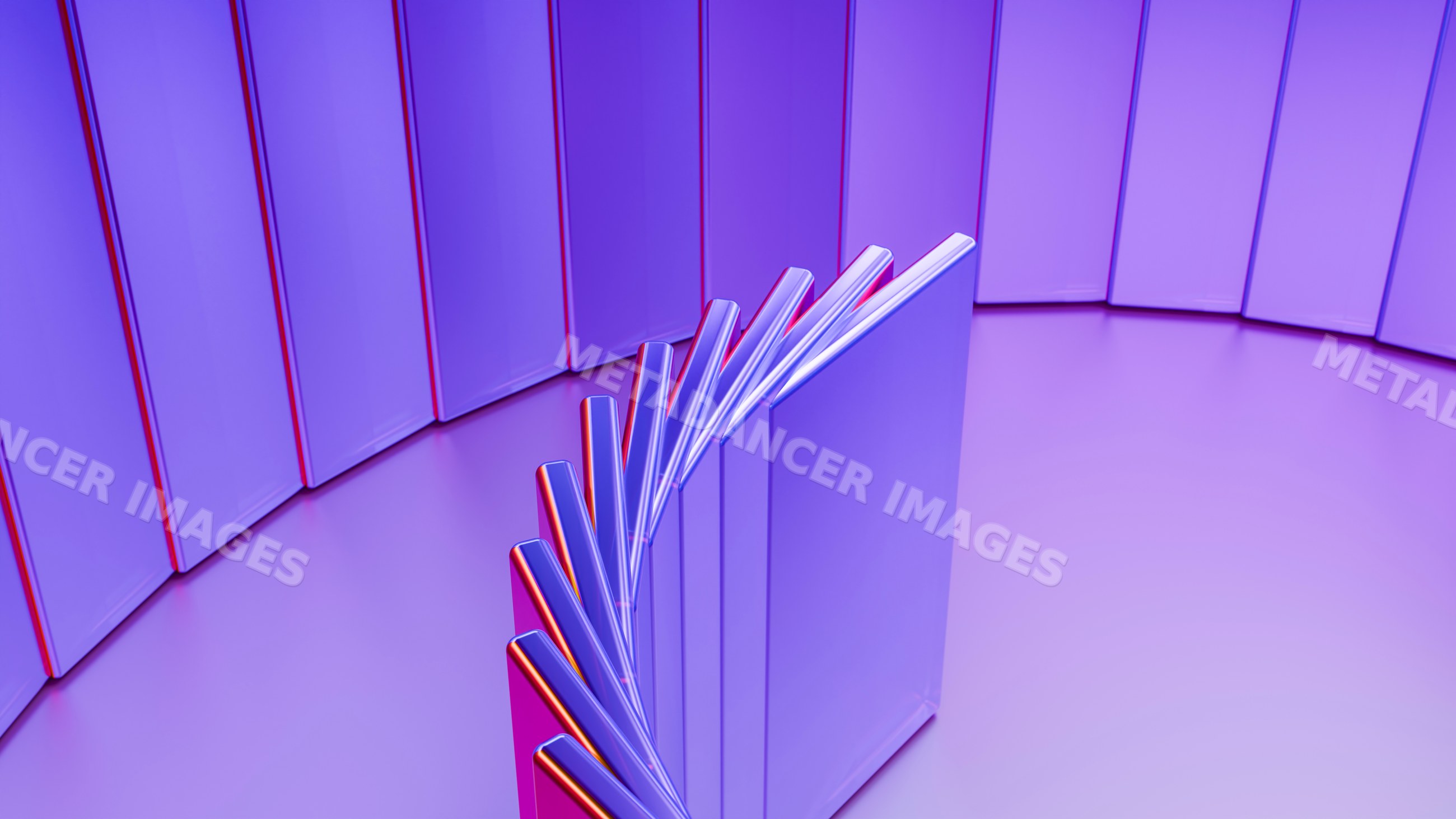 Falling dominoes arranged in a purple-lit curved line illustration