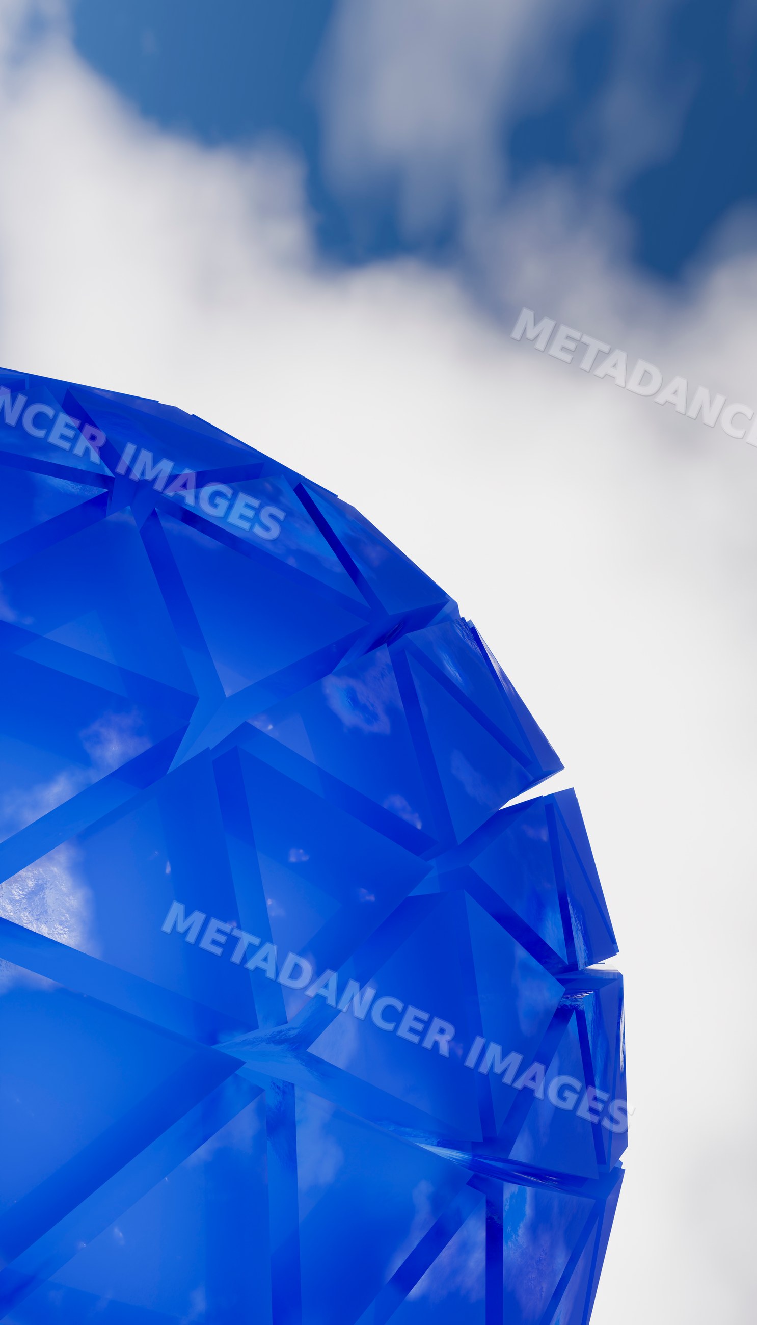 Blue geometric dome with triangular glass panels reflecting sky