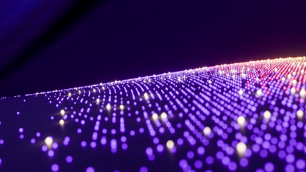 Digital illustration of glowing lights in a wave grid pattern
