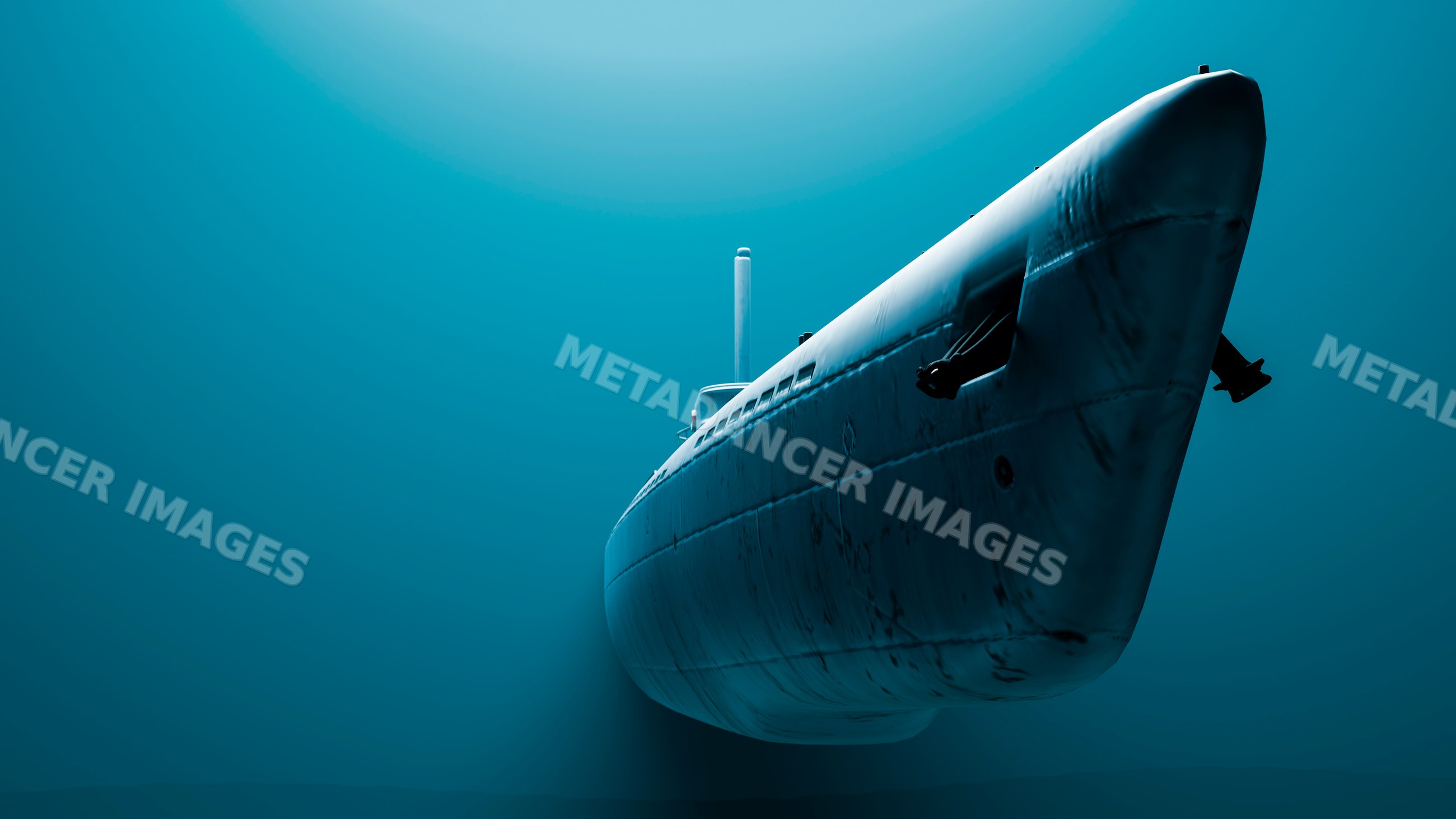 Submarine navigating underwater ocean at depth