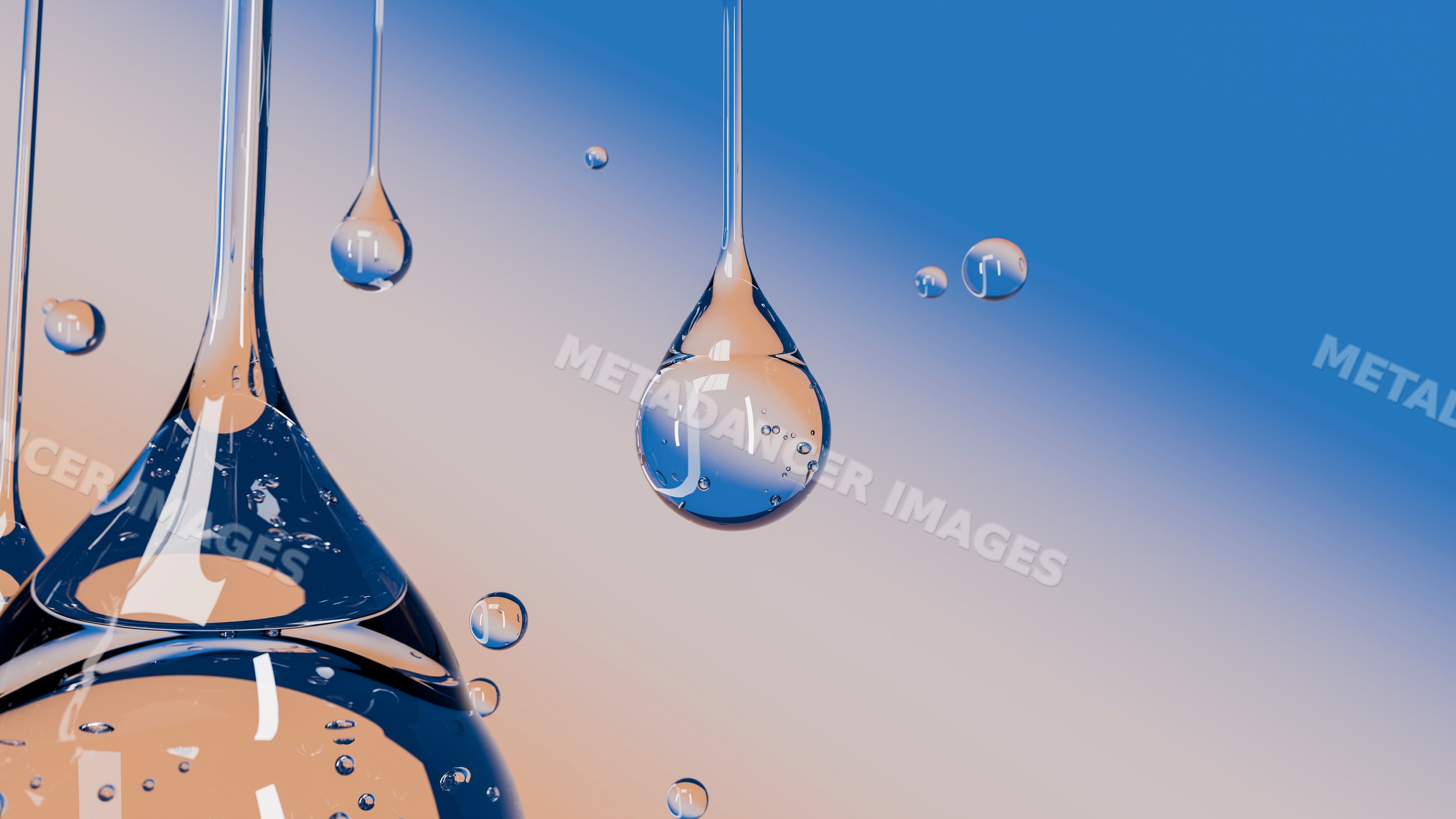 Close-up of transparent water droplets exhibiting surface tension