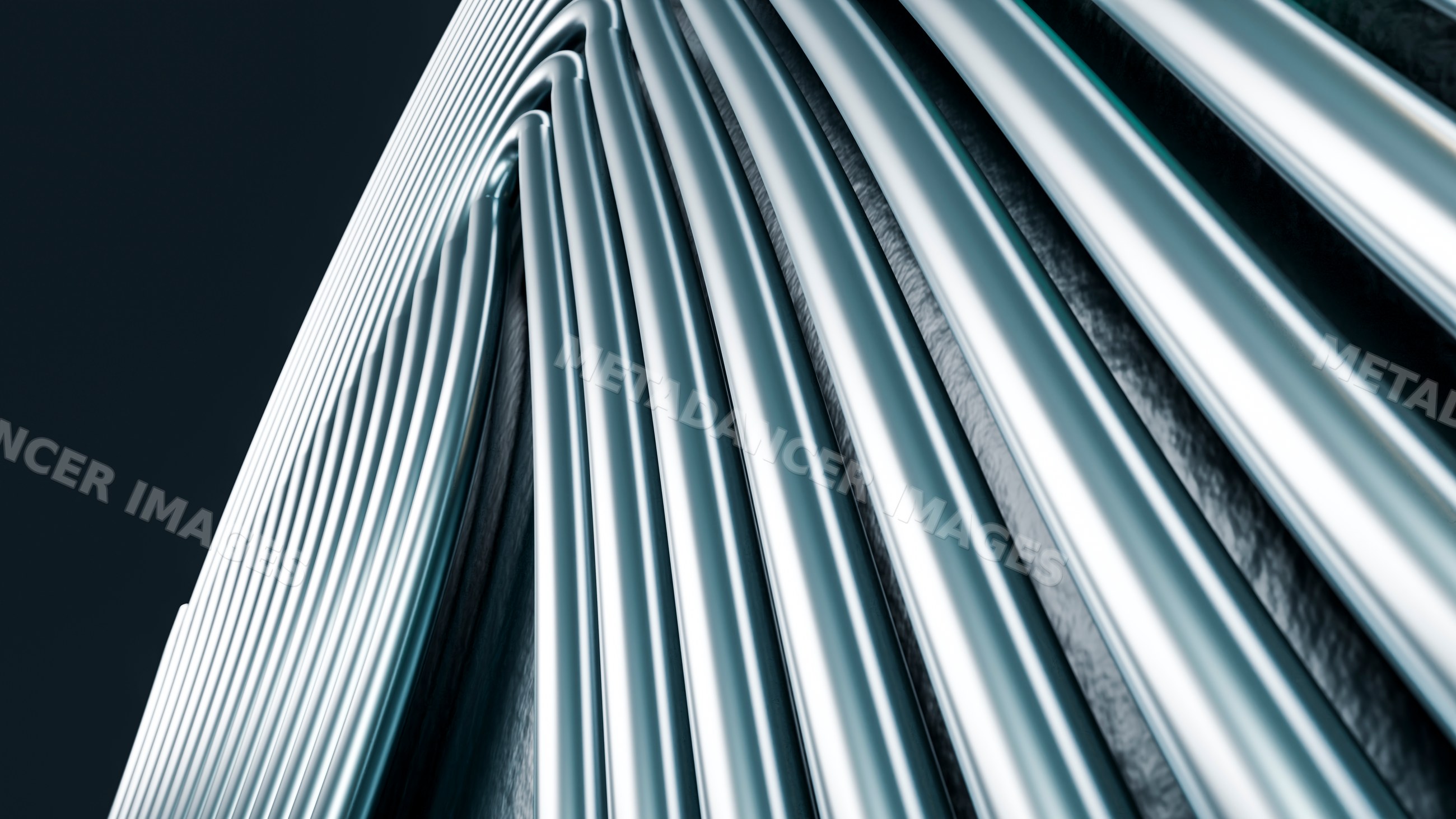 Vertical reflective metal tubes forming an abstract industrial pattern
