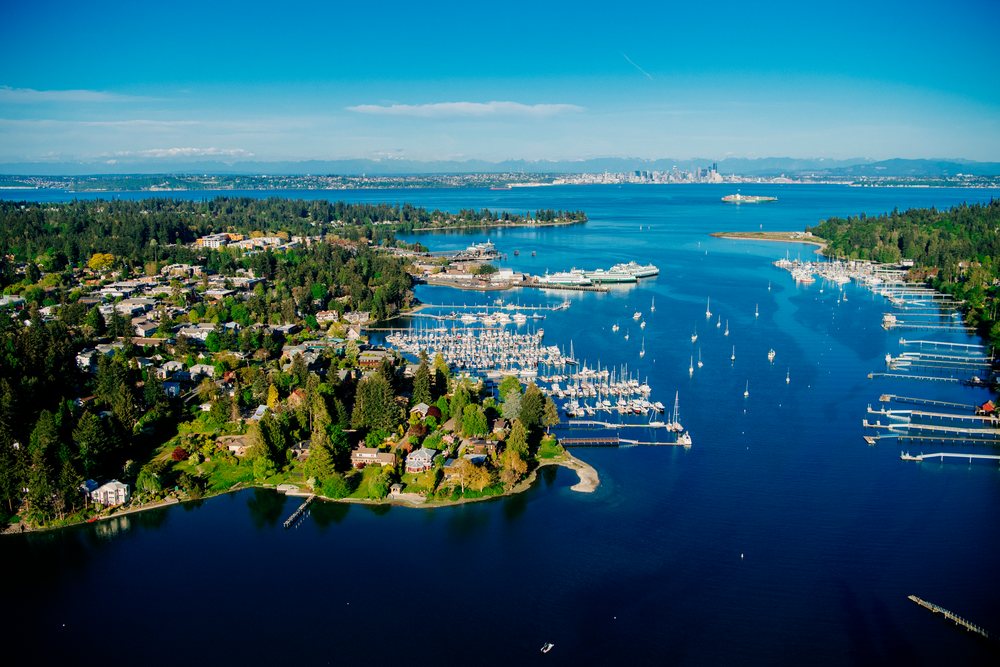 Aerial view of Bainbridge Island marina and Eagle Harbor with boats
