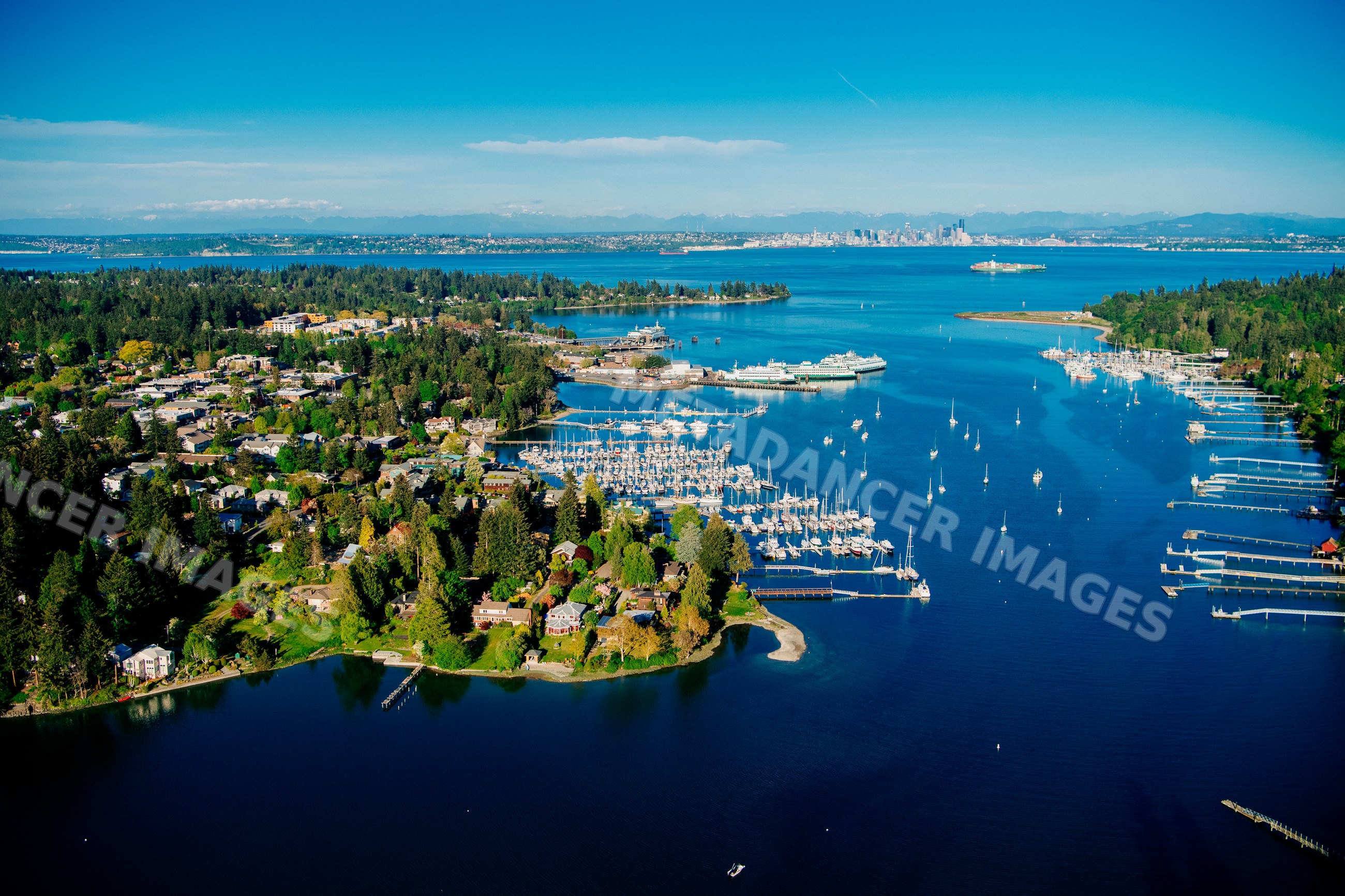 Aerial view of Bainbridge Island marina and Eagle Harbor with boats
