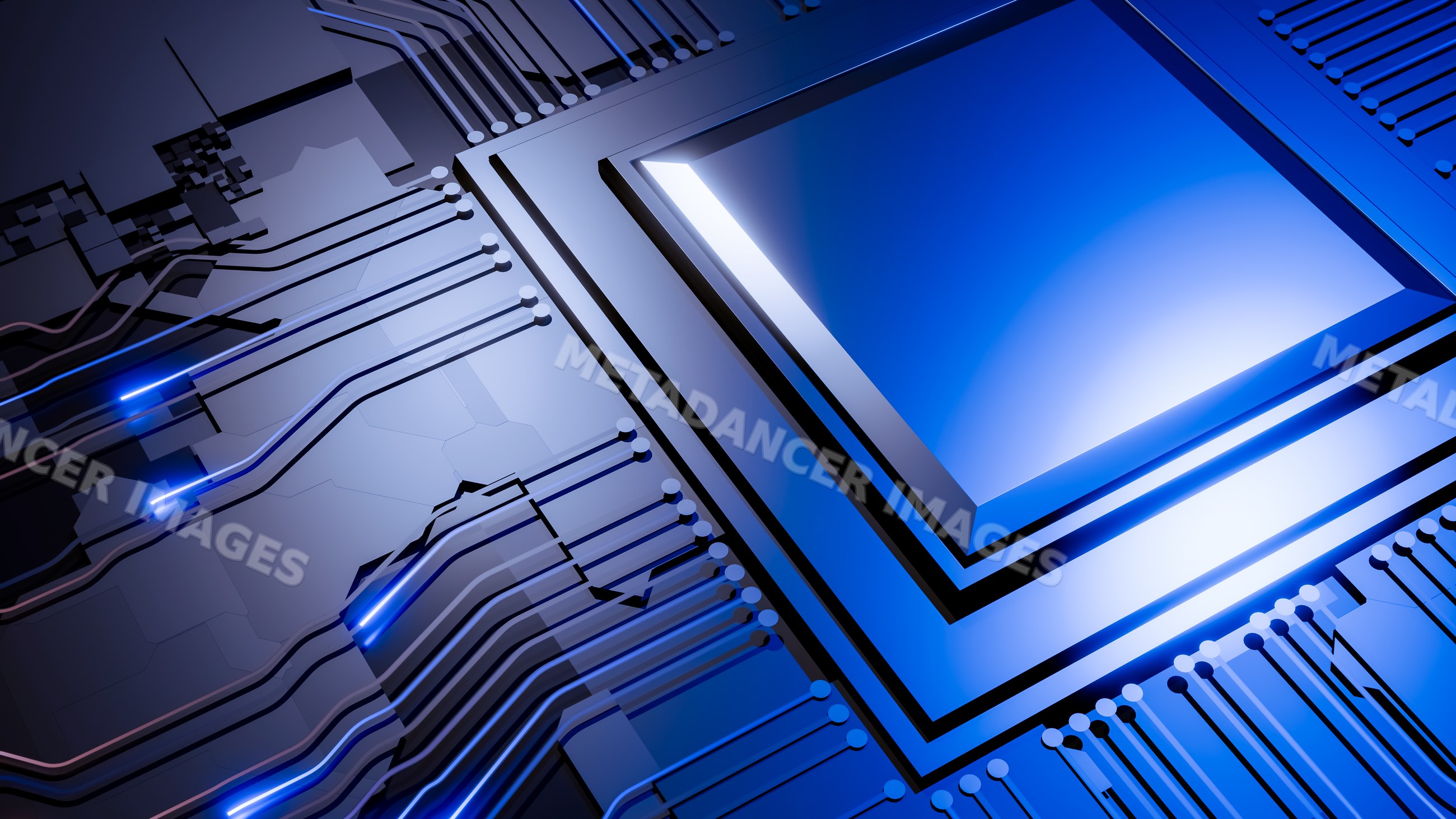 Microchip on circuit board with blue lighting